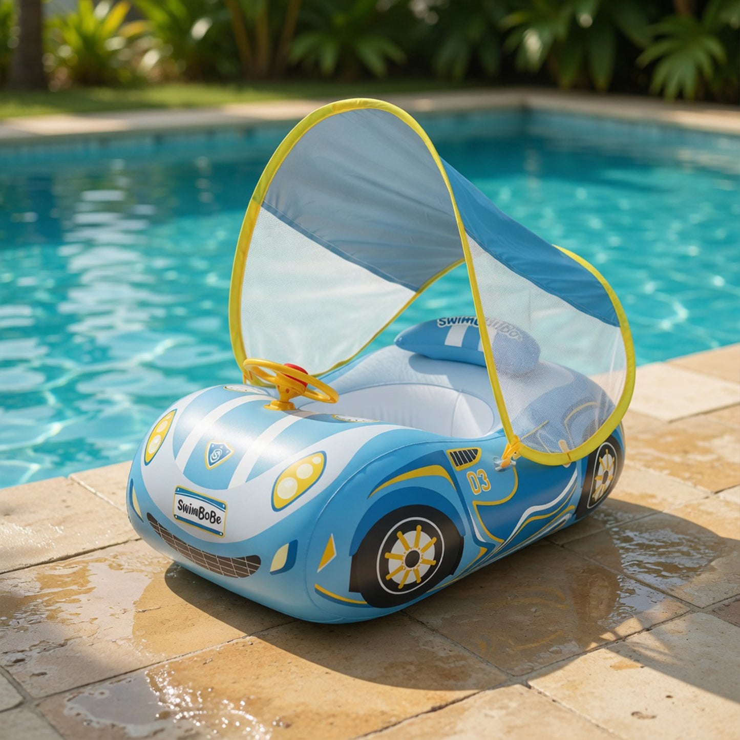 Kids Car Swimming Seat Float Ring - Inflatable Baby Boat with Canopy - Safety Summer Water Toy for Pools & Beaches