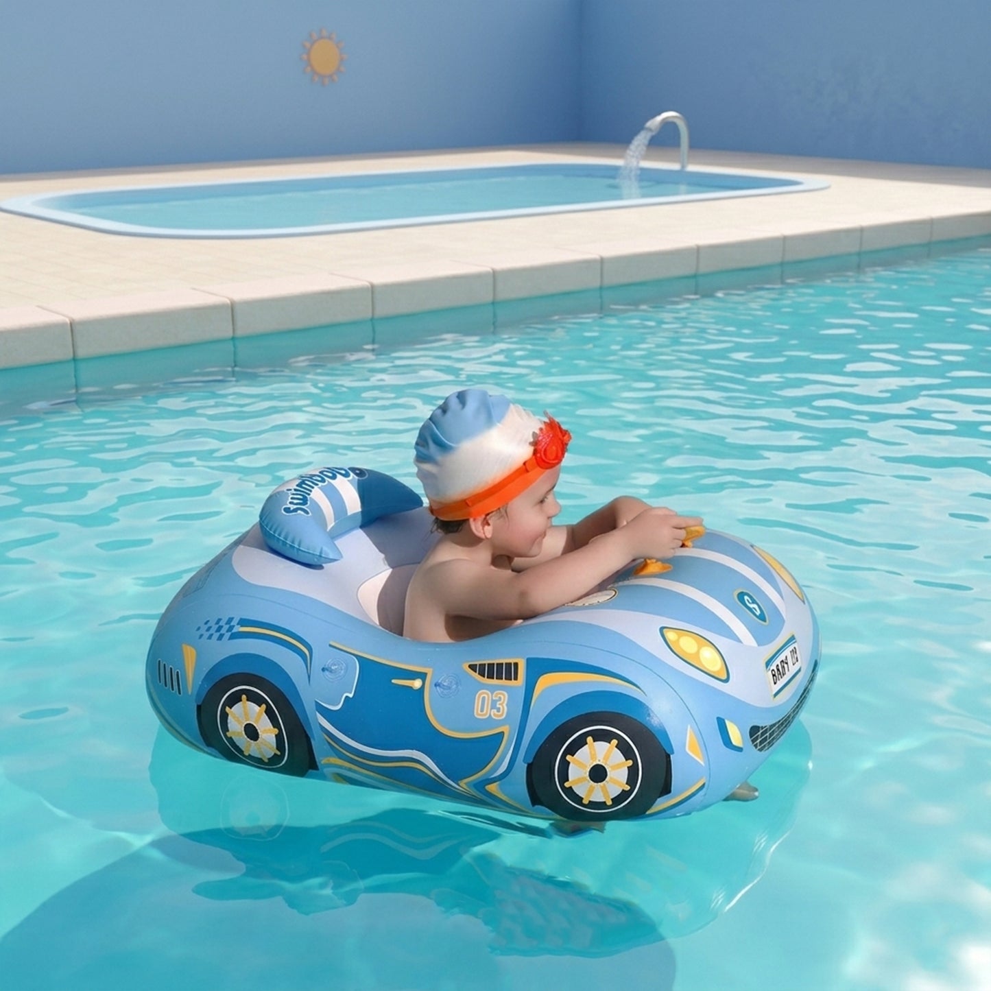 Kids Car Swimming Seat Float Ring - Inflatable Baby Boat with Canopy - Safety Summer Water Toy for Pools & Beaches