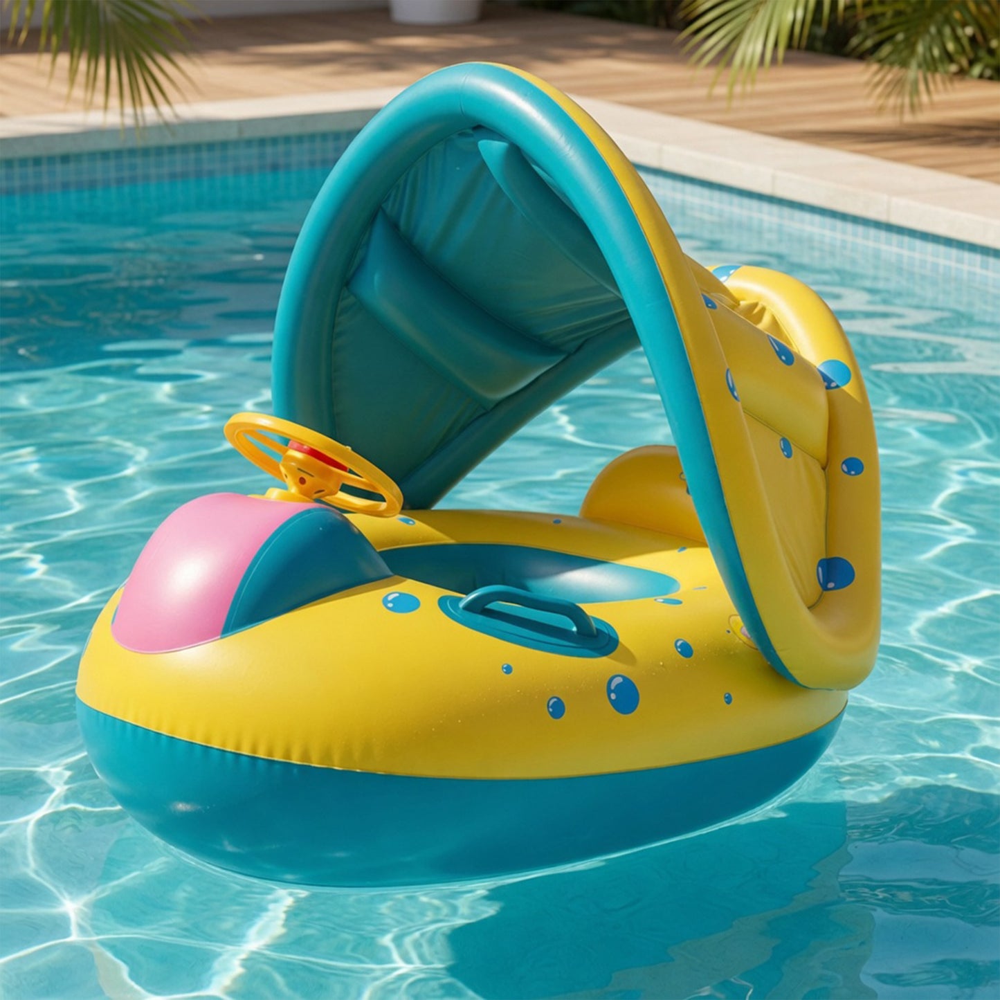 Baby Swimming Float with Canopy & Steering Wheel - Yellow Inflatable Safety Seat Ring - Portable Pool Toy for Infants