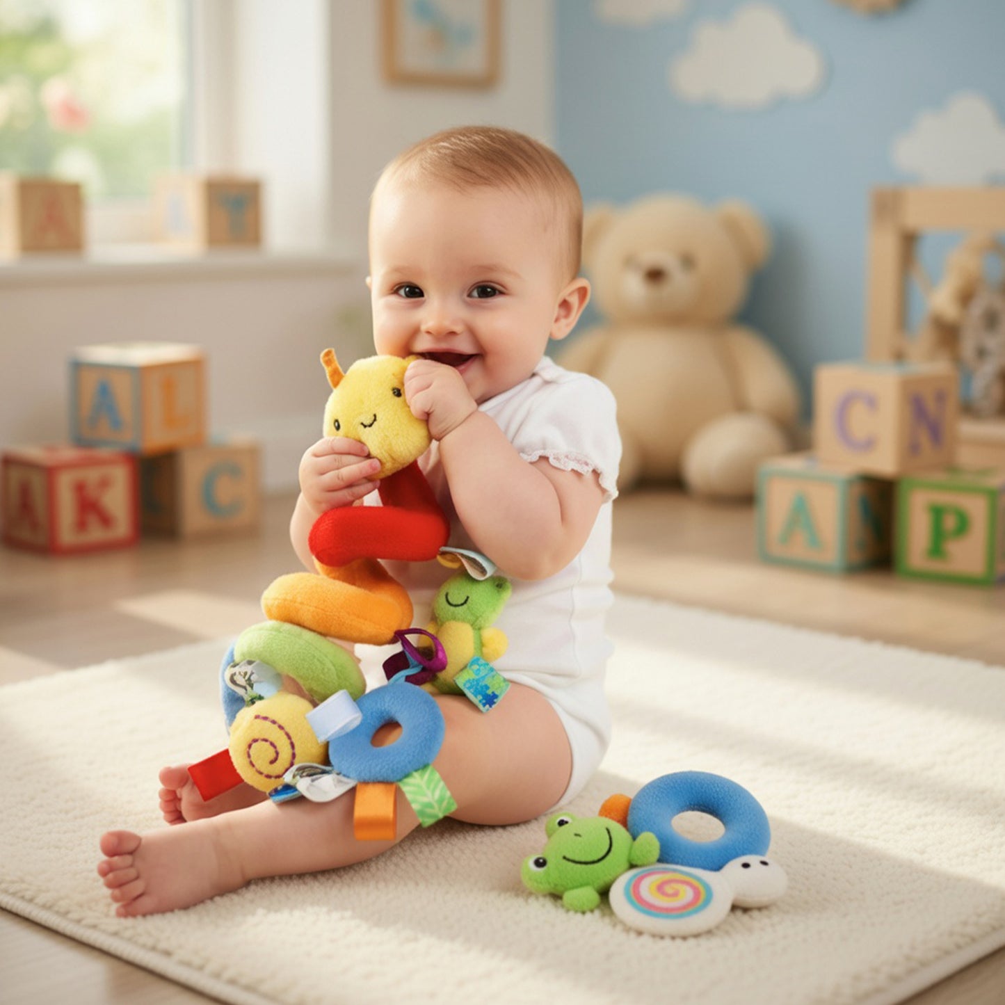 Cute Musical Spiral Hanging Toy - Plush Sensory Activity Rattle - Versatile Travel Toy for Strollers, Cribs & Car Seats
