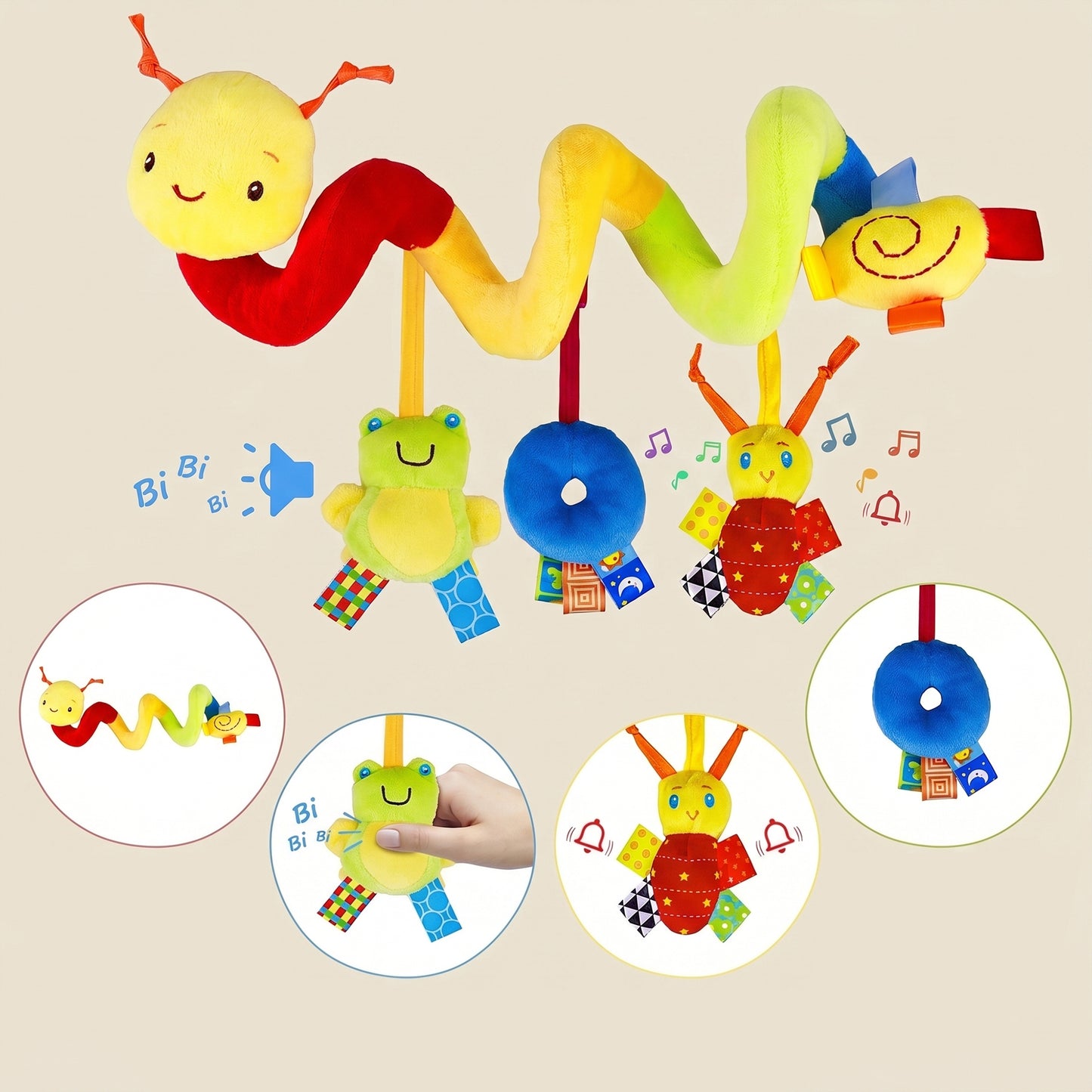 Cute Musical Spiral Hanging Toy - Plush Sensory Activity Rattle - Versatile Travel Toy for Strollers, Cribs & Car Seats