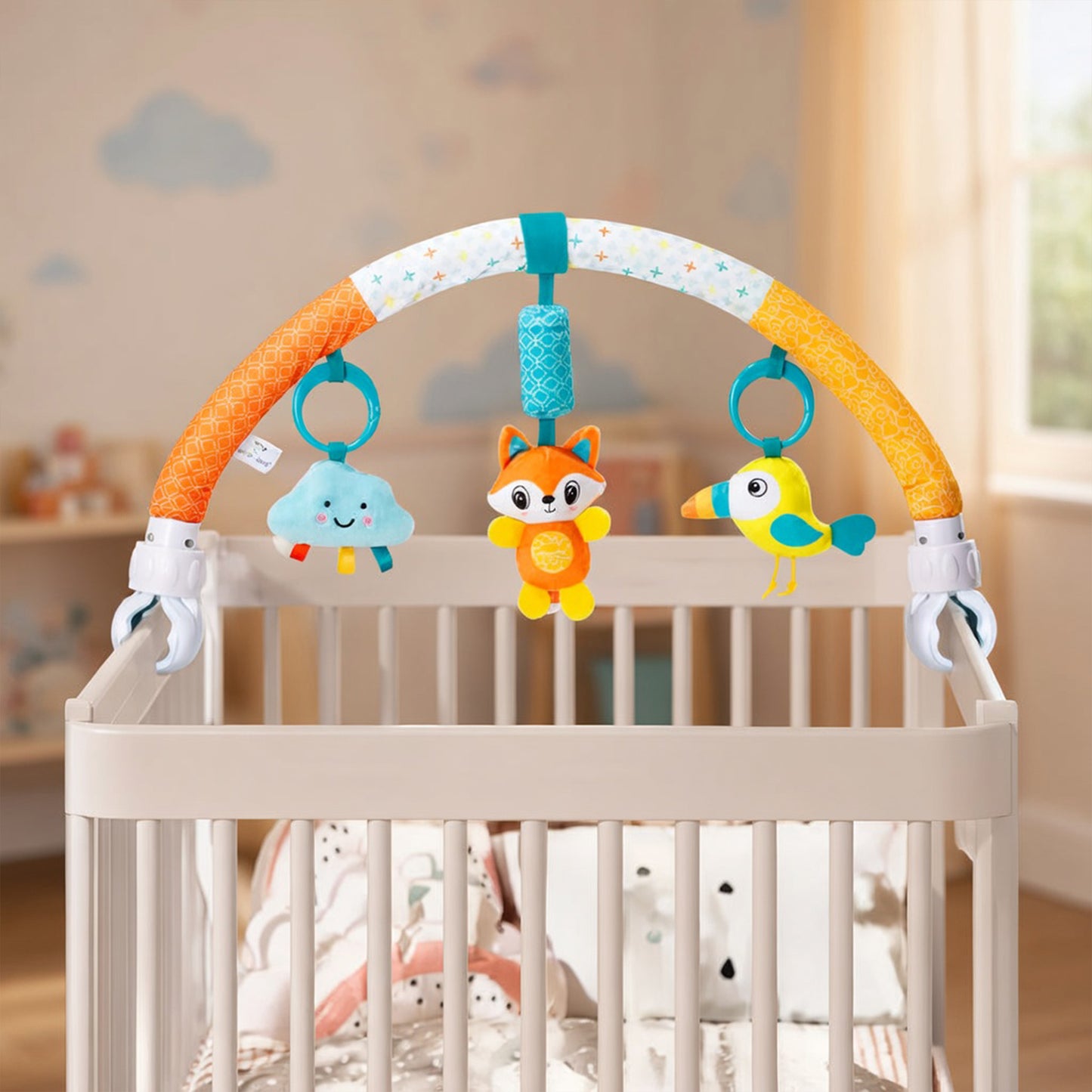 Adjustable Baby Stroller Arch Toy - Universal Sensory Activity Bar with Play Bells - Safe Hanging Toy for Car Seats, Bouncers & Cribs