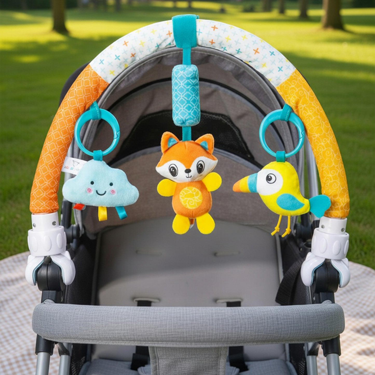 Adjustable Baby Stroller Arch Toy - Universal Sensory Activity Bar with Play Bells - Safe Hanging Toy for Car Seats, Bouncers & Cribs