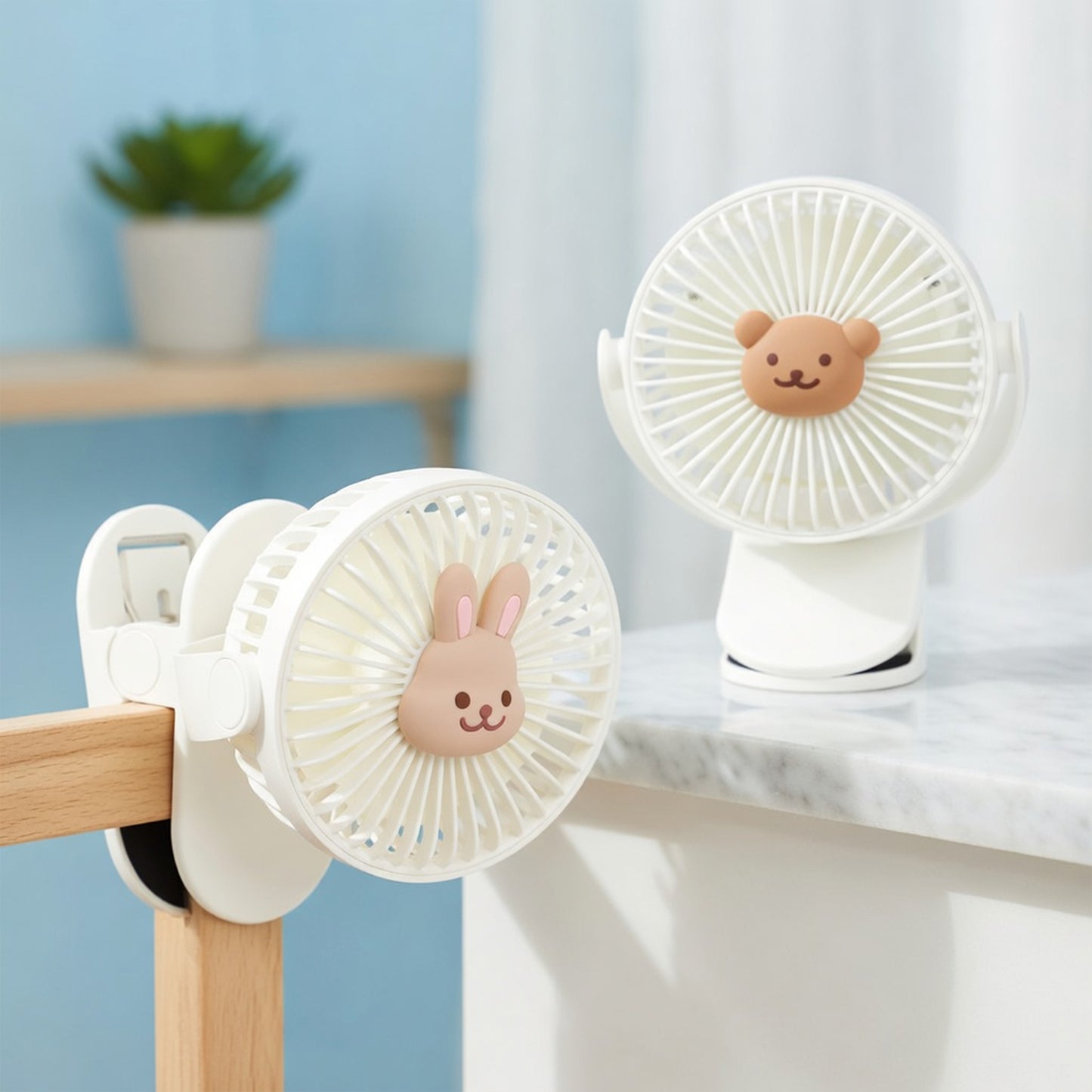 Korean Baby Stroller Fan - Cute Bear & Bunny Clip-On Fan - Portable 3-Speed USB Rechargeable Electric Fan for Outdoor Travel