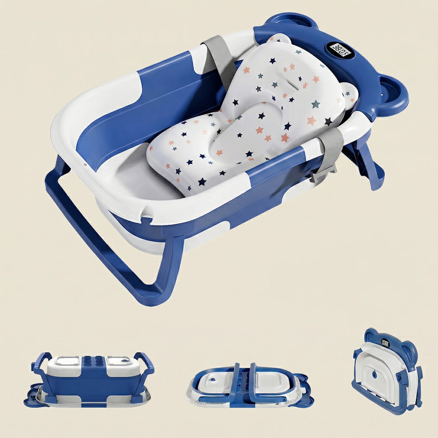 Portable Collapsible Baby Bathtub - Travel Bathtub with Smart Thermometer & Soft Floating Cushion - For Infants 0-36M