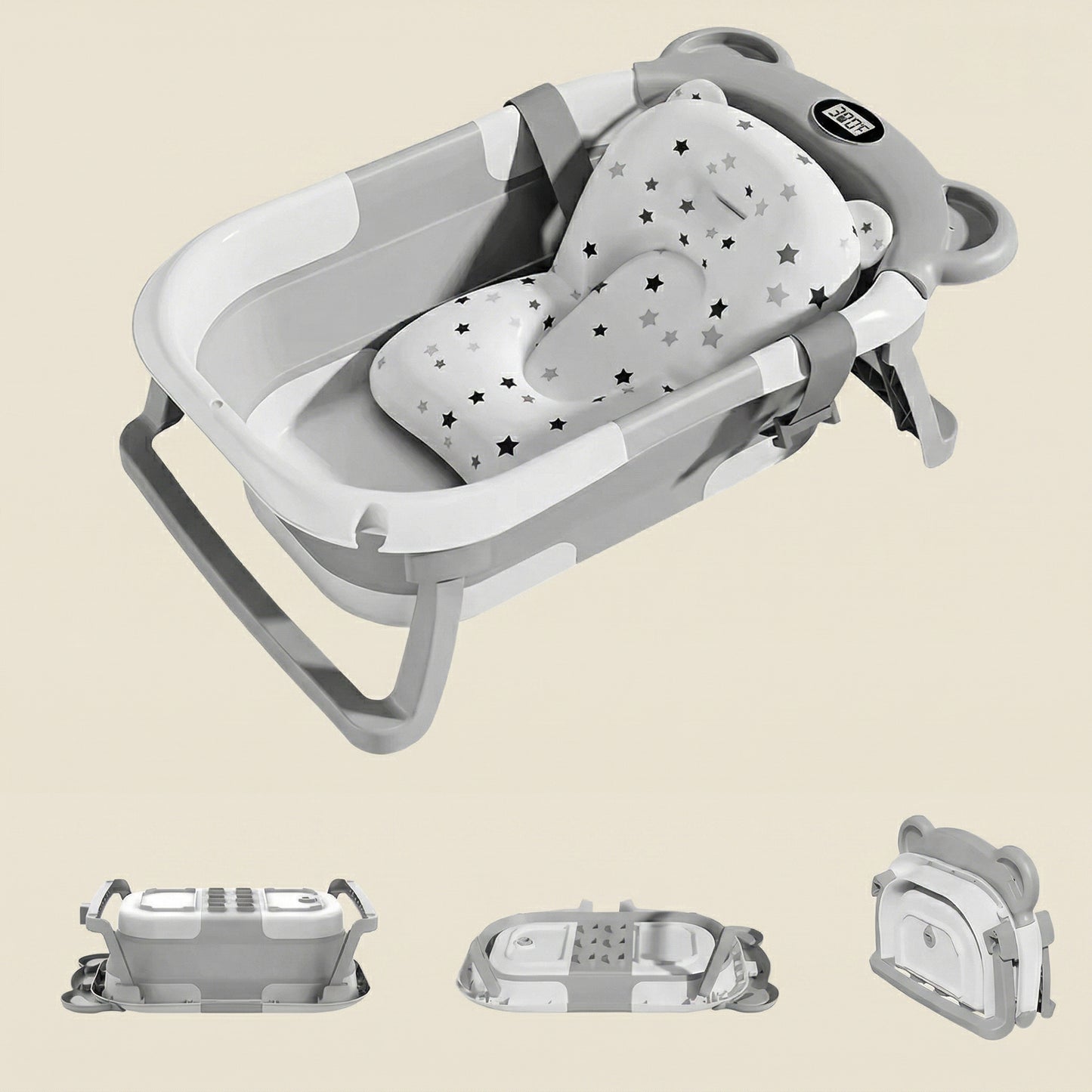 Portable Collapsible Baby Bathtub - Travel Bathtub with Smart Thermometer & Soft Floating Cushion - For Infants 0-36M