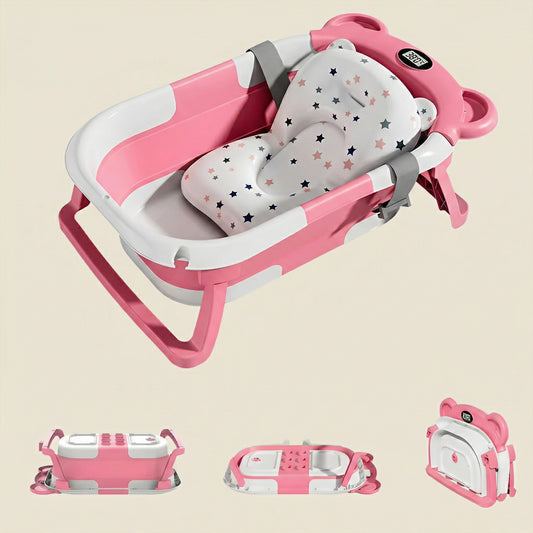 Portable Collapsible Baby Bathtub - Travel Bathtub with Smart Thermometer & Soft Floating Cushion - For Infants 0-36M