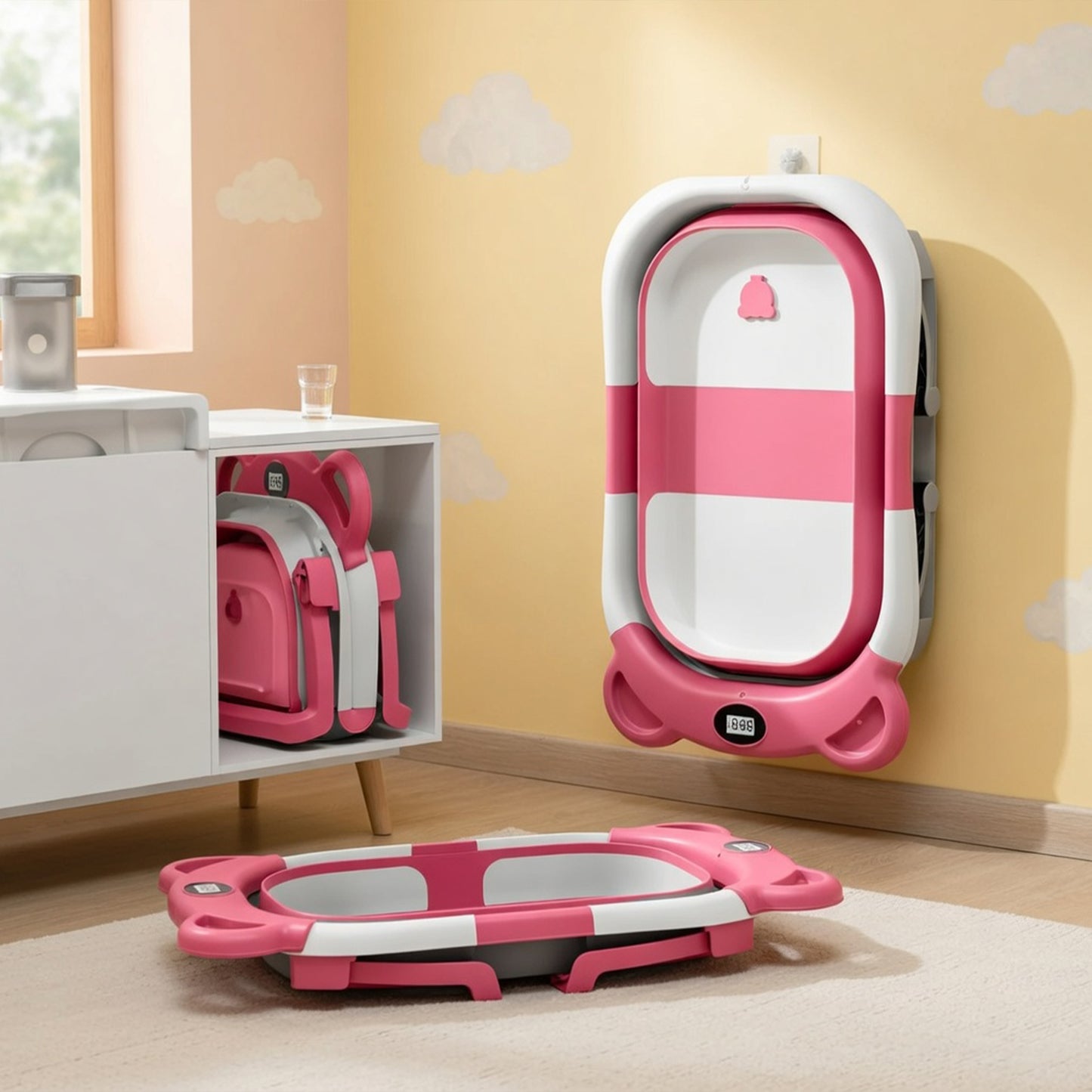Portable Collapsible Baby Bathtub - Travel Bathtub with Smart Thermometer & Soft Floating Cushion - For Infants 0-36M