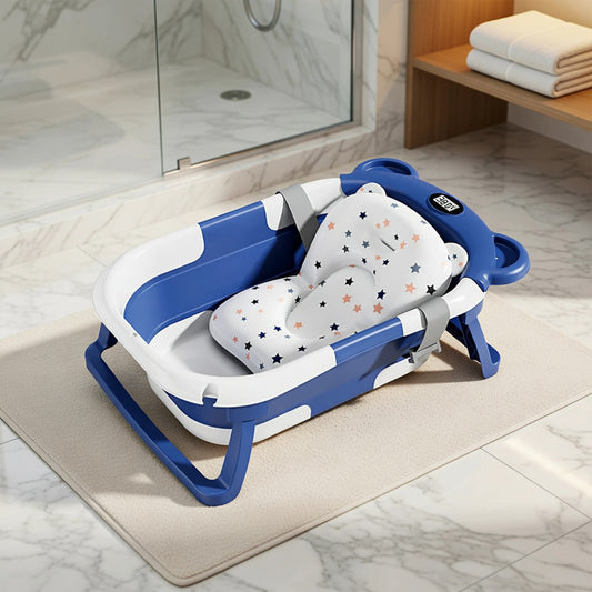 Portable Collapsible Baby Bathtub - Travel Bathtub with Smart Thermometer & Soft Floating Cushion - For Infants 0-36M