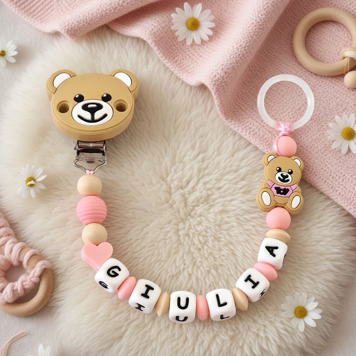 1-Set Bear Silicone Pacifier Chain - Anti-Loss Dummy Clip - Food-Grade Soothing Nursing Accessories for Infants