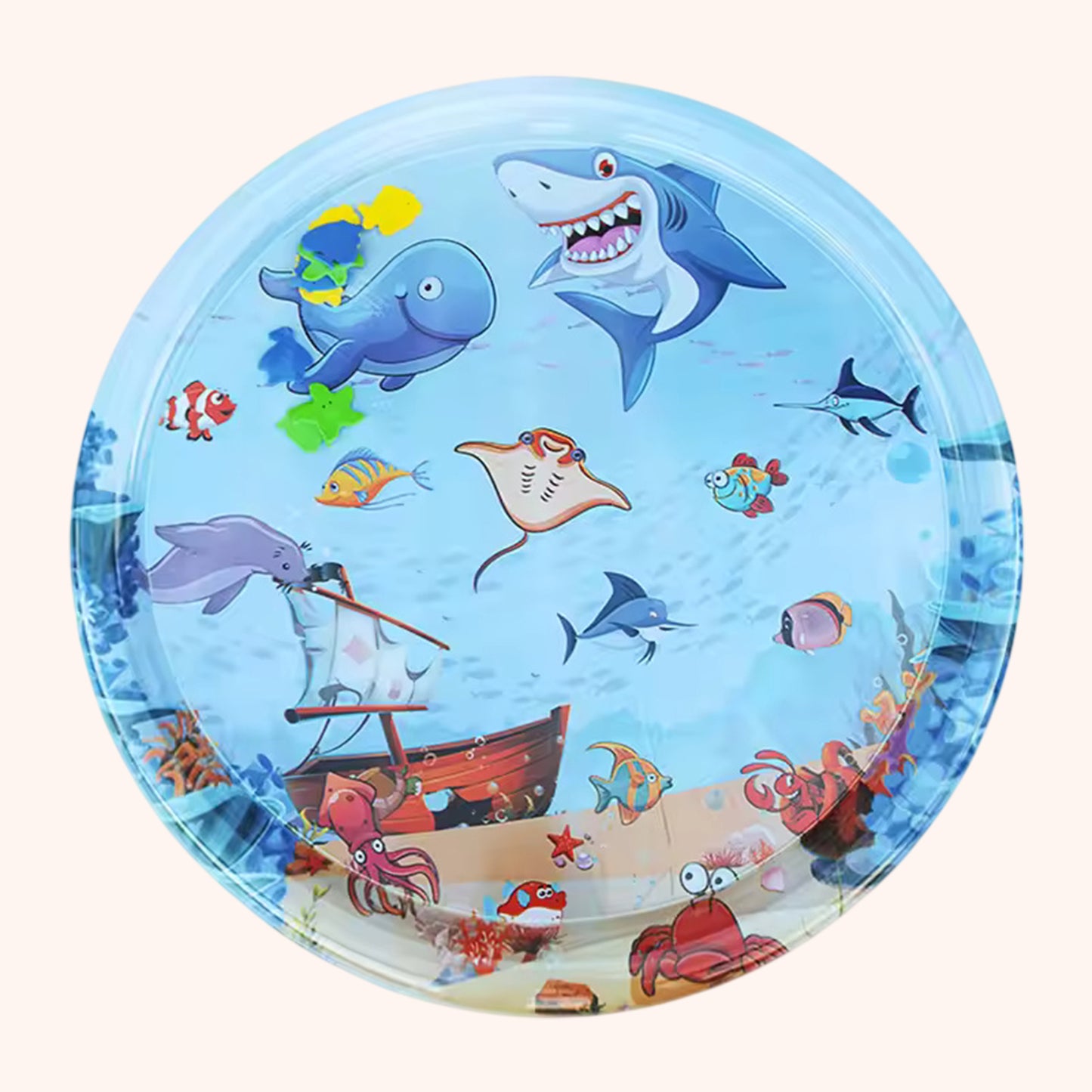 Large Inflatable Baby Water Mat - Round Shark Pattern PVC Play Mat - Early Educational Tummy Time Pad for Toddlers