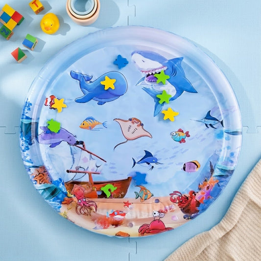 Large Inflatable Baby Water Mat - Round Shark Pattern PVC Play Mat - Early Educational Tummy Time Pad for Toddlers