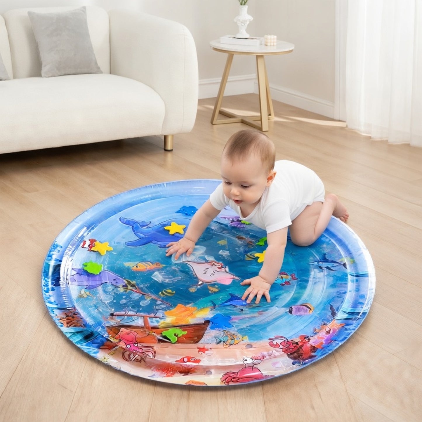 Large Inflatable Baby Water Mat - Round Shark Pattern PVC Play Mat - Early Educational Tummy Time Pad for Toddlers