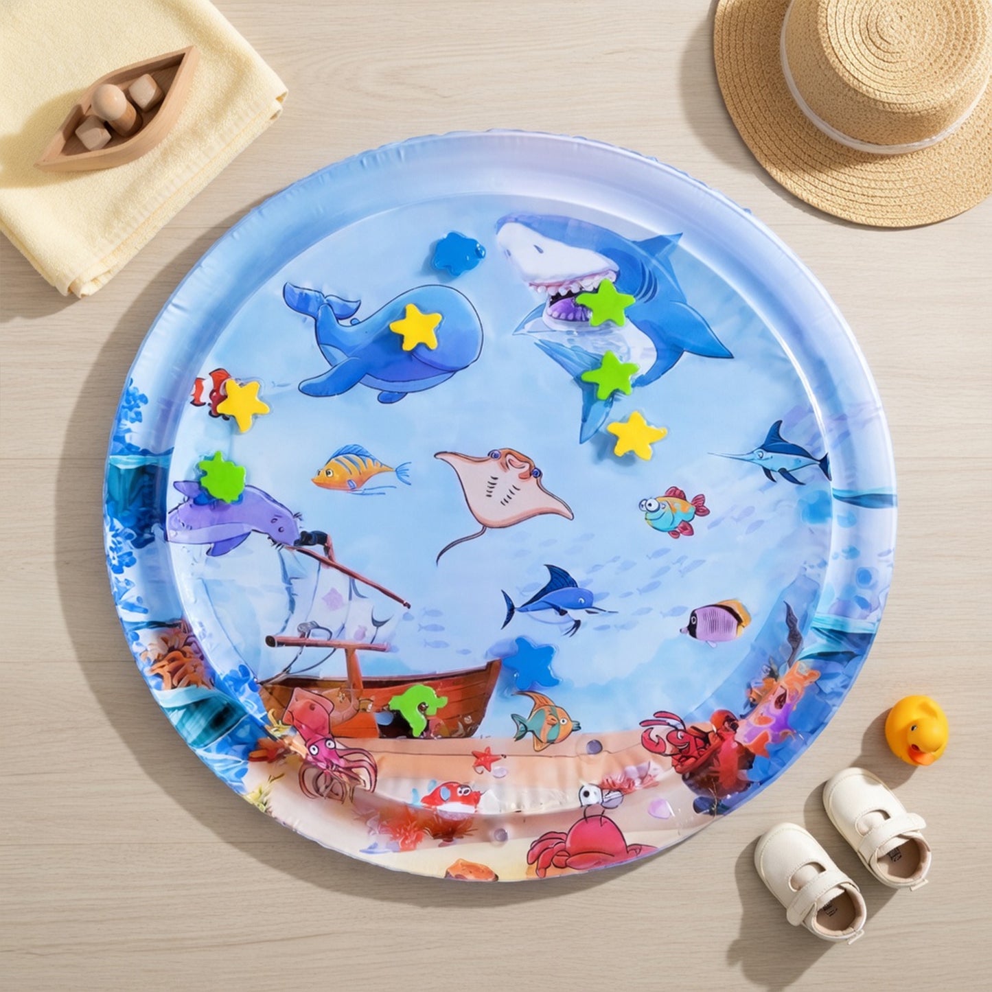 Large Inflatable Baby Water Mat - Round Shark Pattern PVC Play Mat - Early Educational Tummy Time Pad for Toddlers
