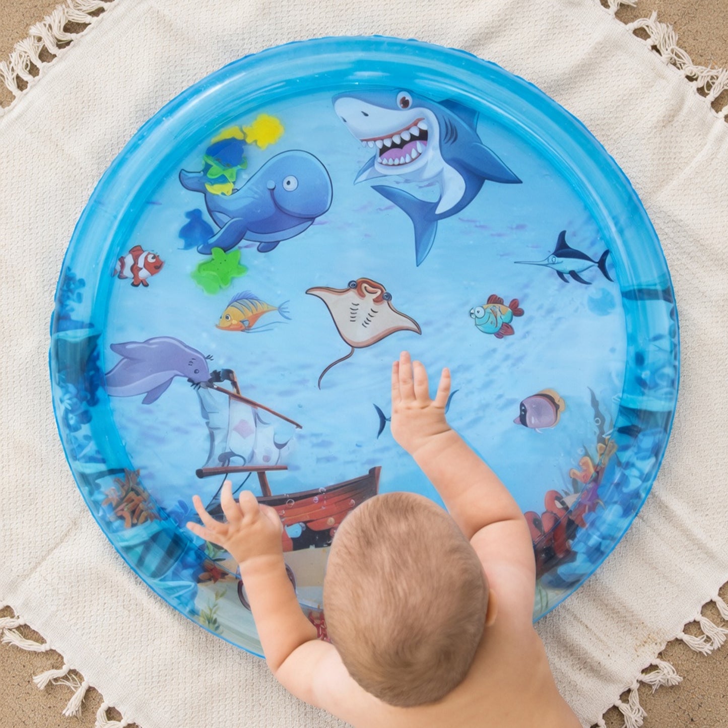 Large Inflatable Baby Water Mat - Round Shark Pattern PVC Play Mat - Early Educational Tummy Time Pad for Toddlers