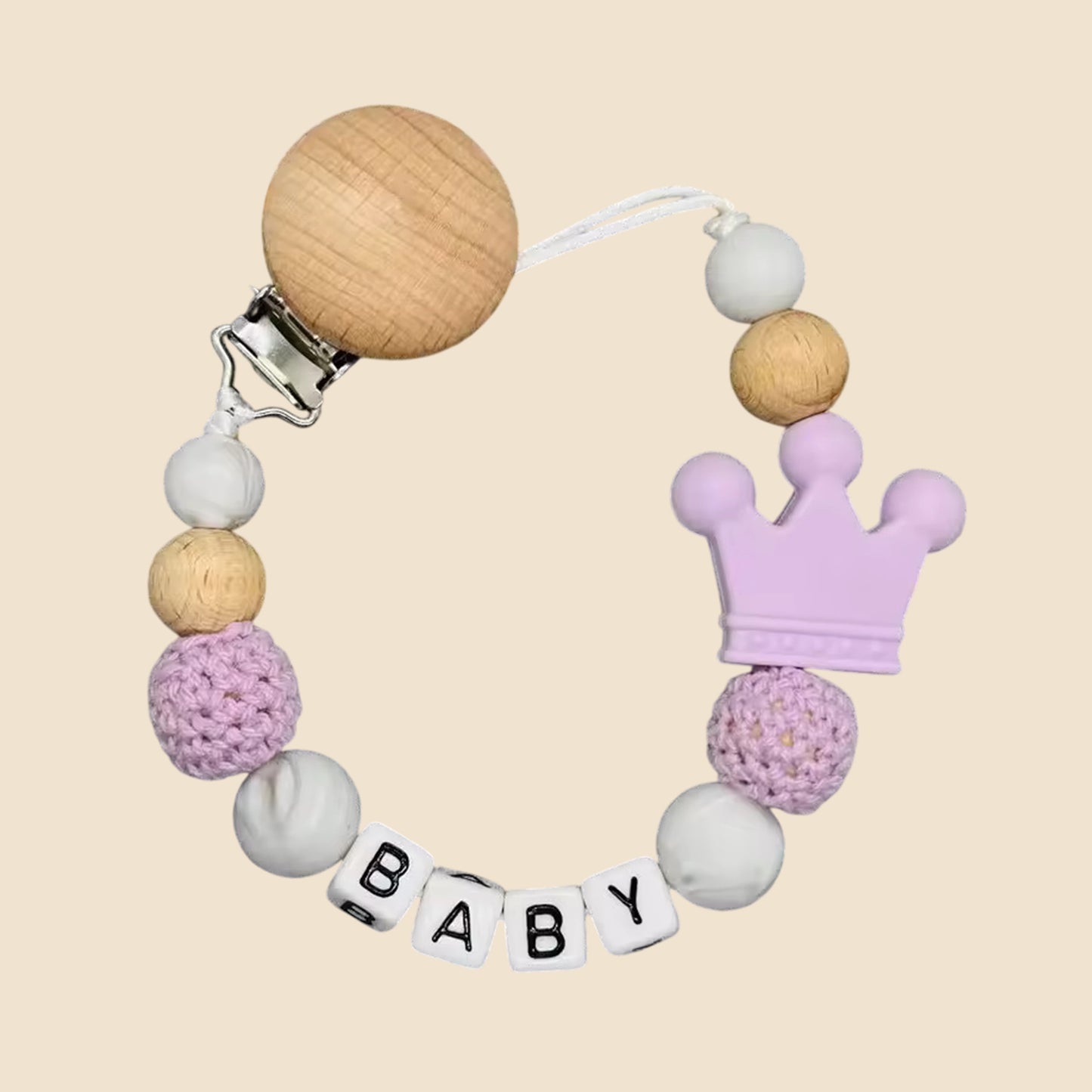 Personalized Name Pacifier Clip - Handmade Beech Wood & Silicone Chain - Crown Holder & Teething Toy Gift