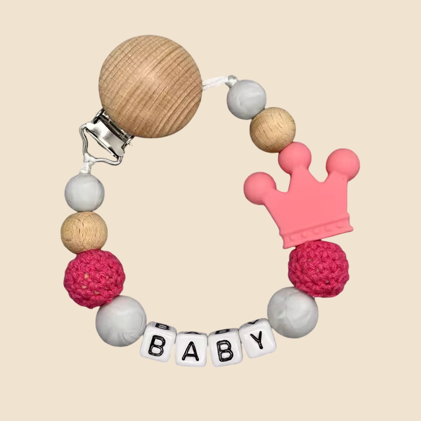 Personalized Name Pacifier Clip - Handmade Beech Wood & Silicone Chain - Crown Holder & Teething Toy Gift
