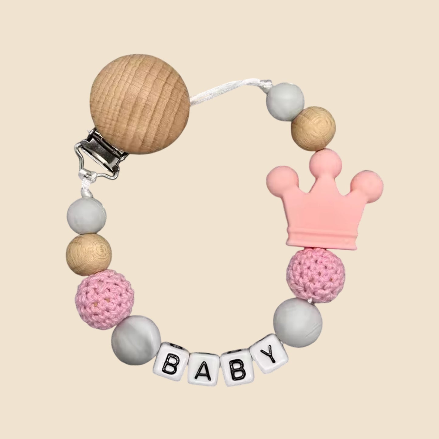 Personalized Name Pacifier Clip - Handmade Beech Wood & Silicone Chain - Crown Holder & Teething Toy Gift