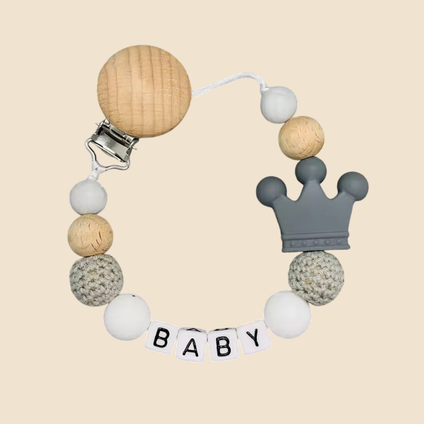 Personalized Name Pacifier Clip - Handmade Beech Wood & Silicone Chain - Crown Holder & Teething Toy Gift
