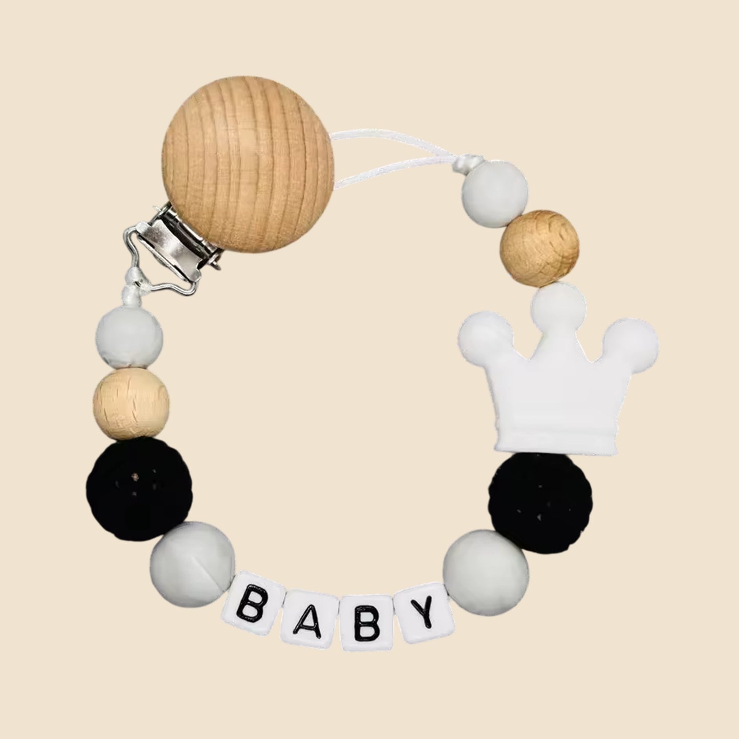 Personalized Name Pacifier Clip - Handmade Beech Wood & Silicone Chain - Crown Holder & Teething Toy Gift