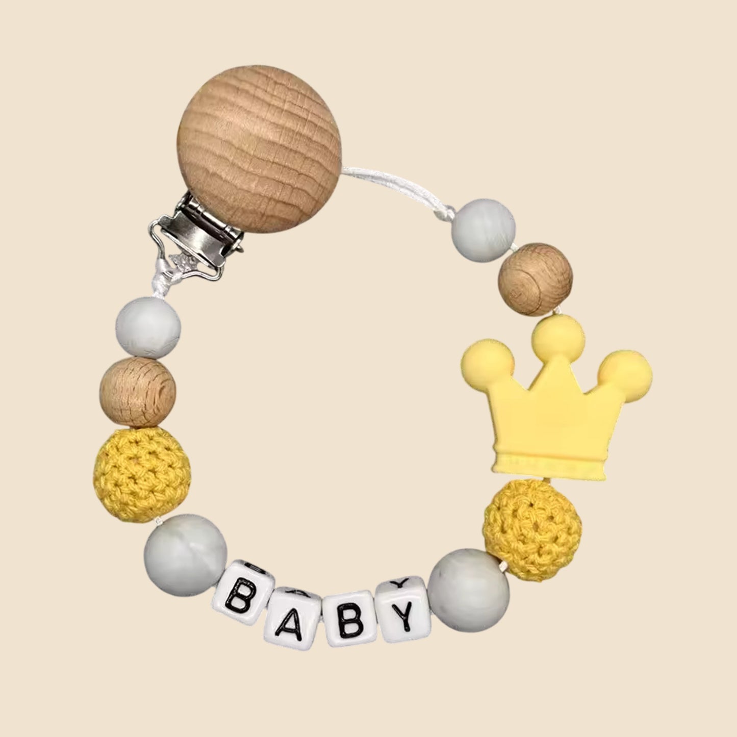 Personalized Name Pacifier Clip - Handmade Beech Wood & Silicone Chain - Crown Holder & Teething Toy Gift