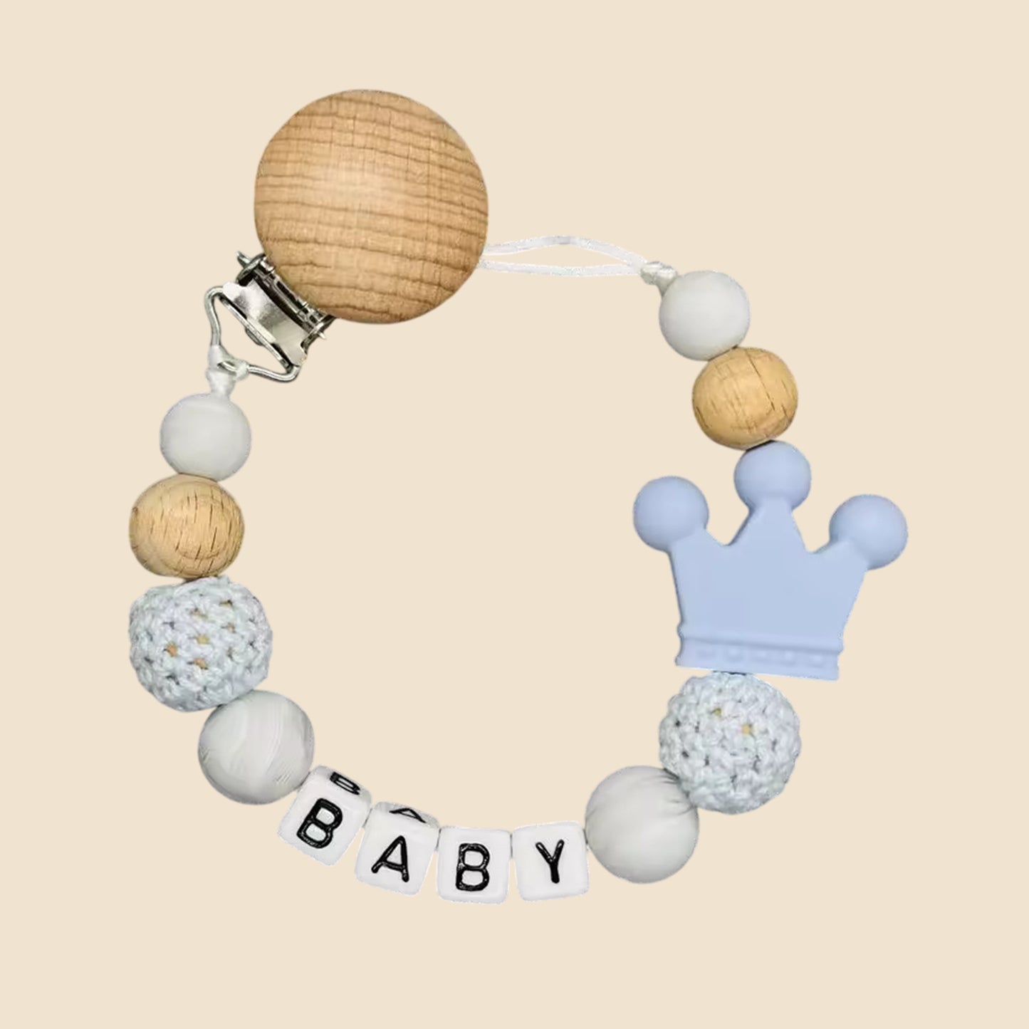 Personalized Name Pacifier Clip - Handmade Beech Wood & Silicone Chain - Crown Holder & Teething Toy Gift