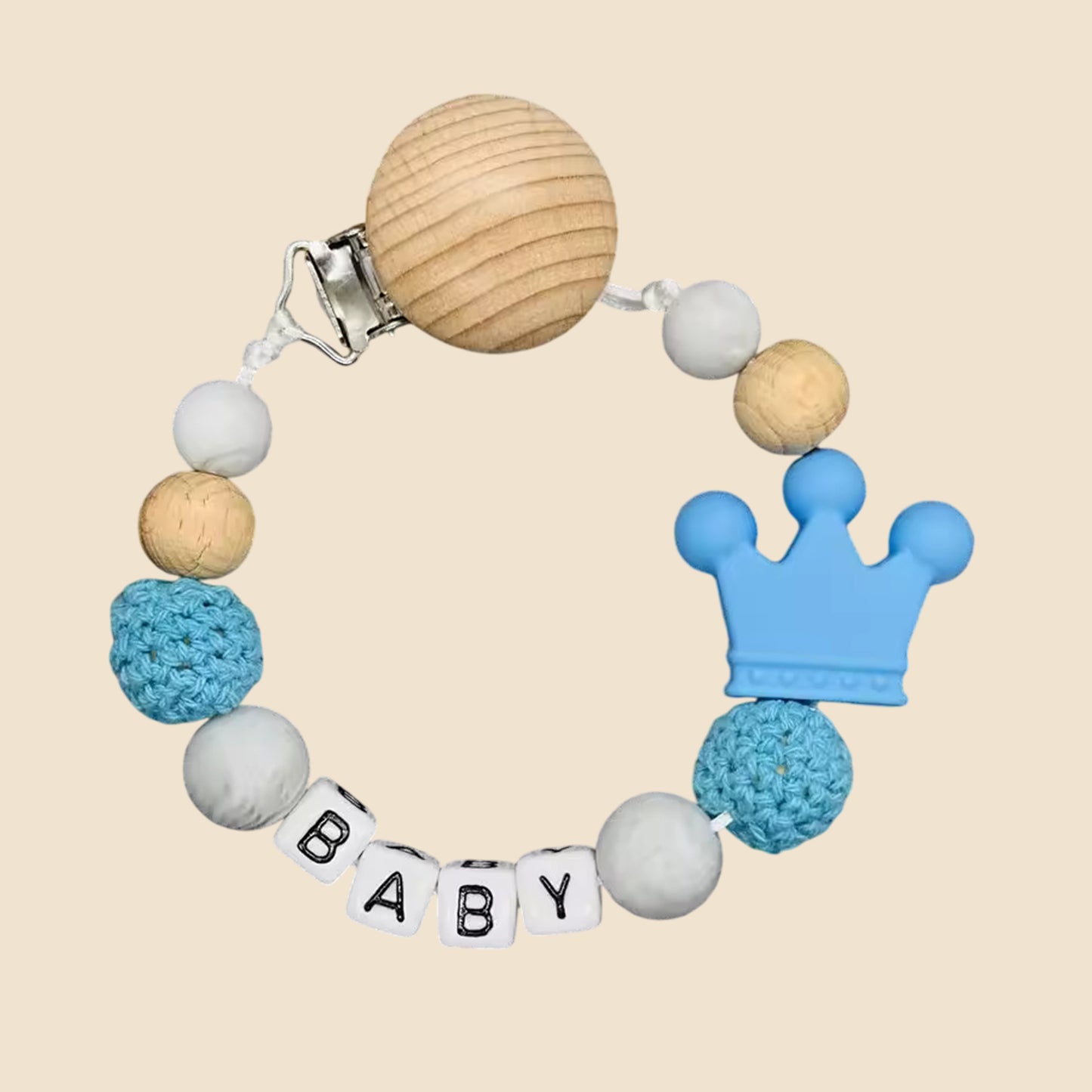 Personalized Name Pacifier Clip - Handmade Beech Wood & Silicone Chain - Crown Holder & Teething Toy Gift