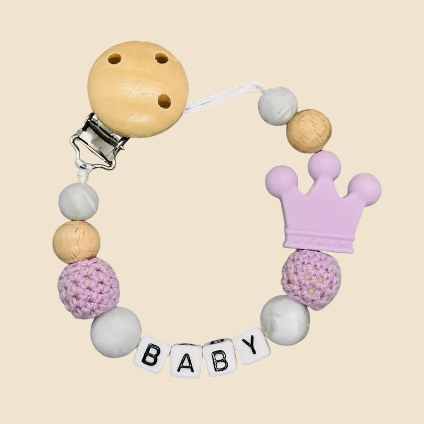 Personalized Name Pacifier Clip - Handmade Beech Wood & Silicone Chain - Crown Holder & Teething Toy Gift
