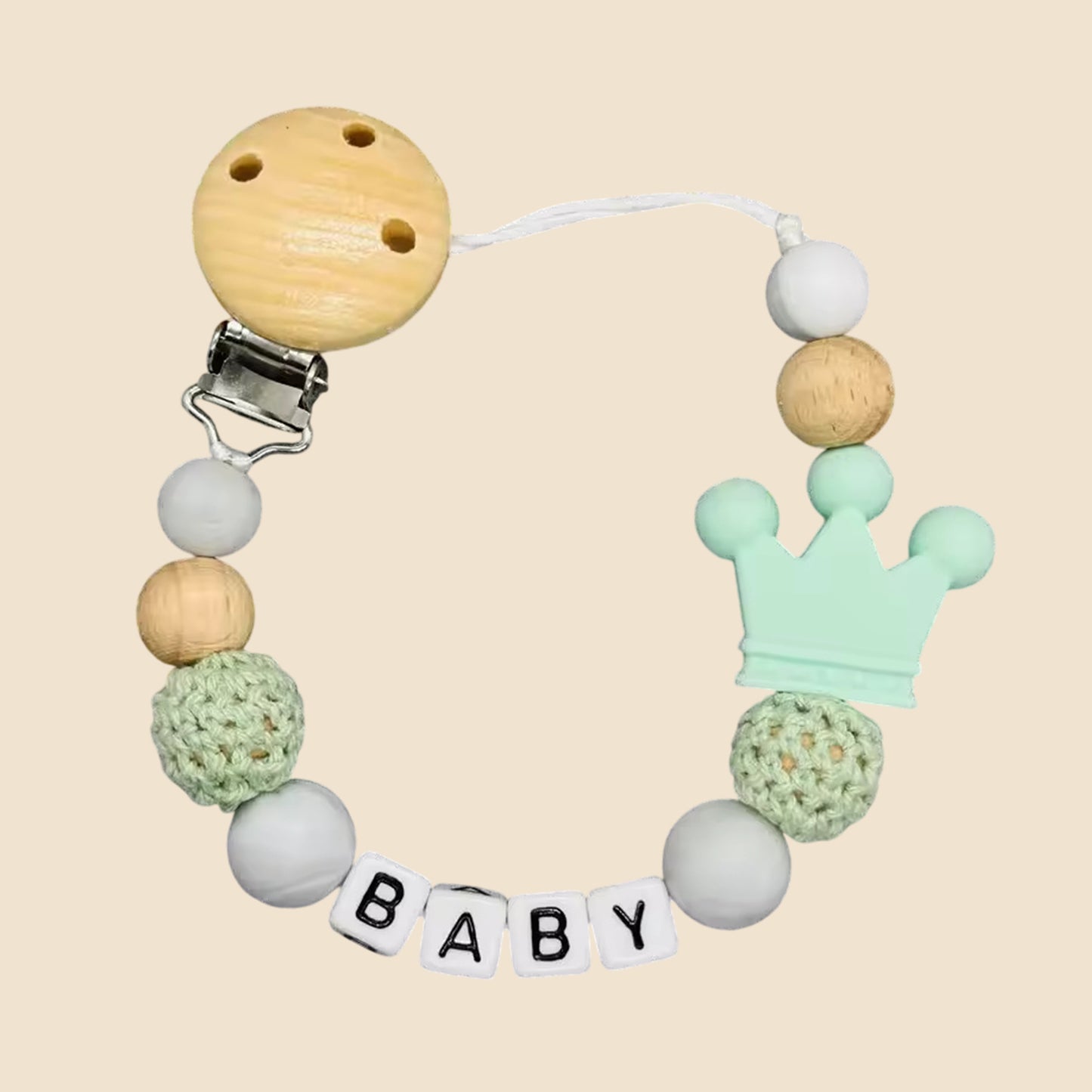 Personalized Name Pacifier Clip - Handmade Beech Wood & Silicone Chain - Crown Holder & Teething Toy Gift