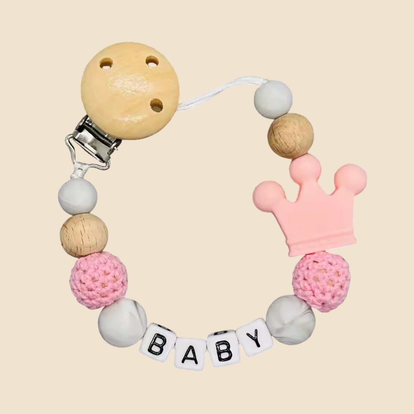 Personalized Name Pacifier Clip - Handmade Beech Wood & Silicone Chain - Crown Holder & Teething Toy Gift