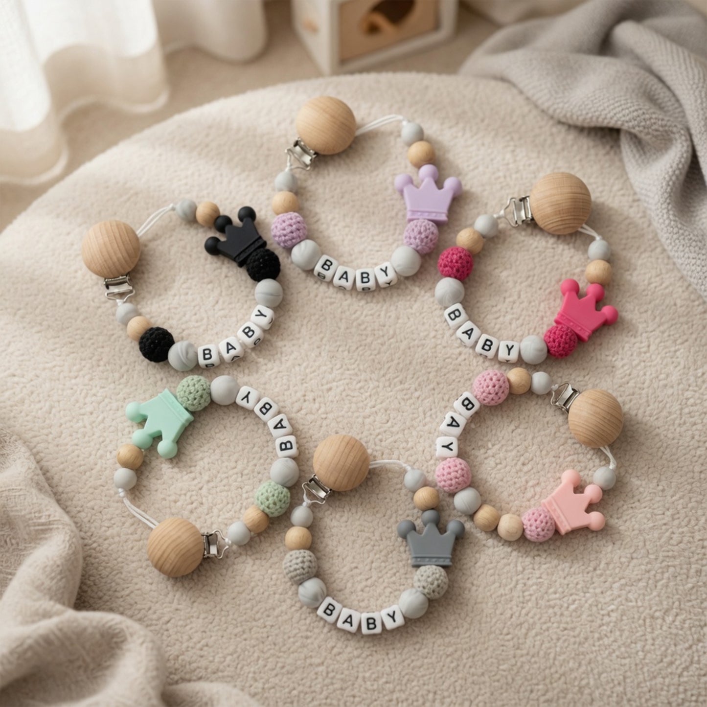 Personalized Name Pacifier Clip - Handmade Beech Wood & Silicone Chain - Crown Holder & Teething Toy Gift