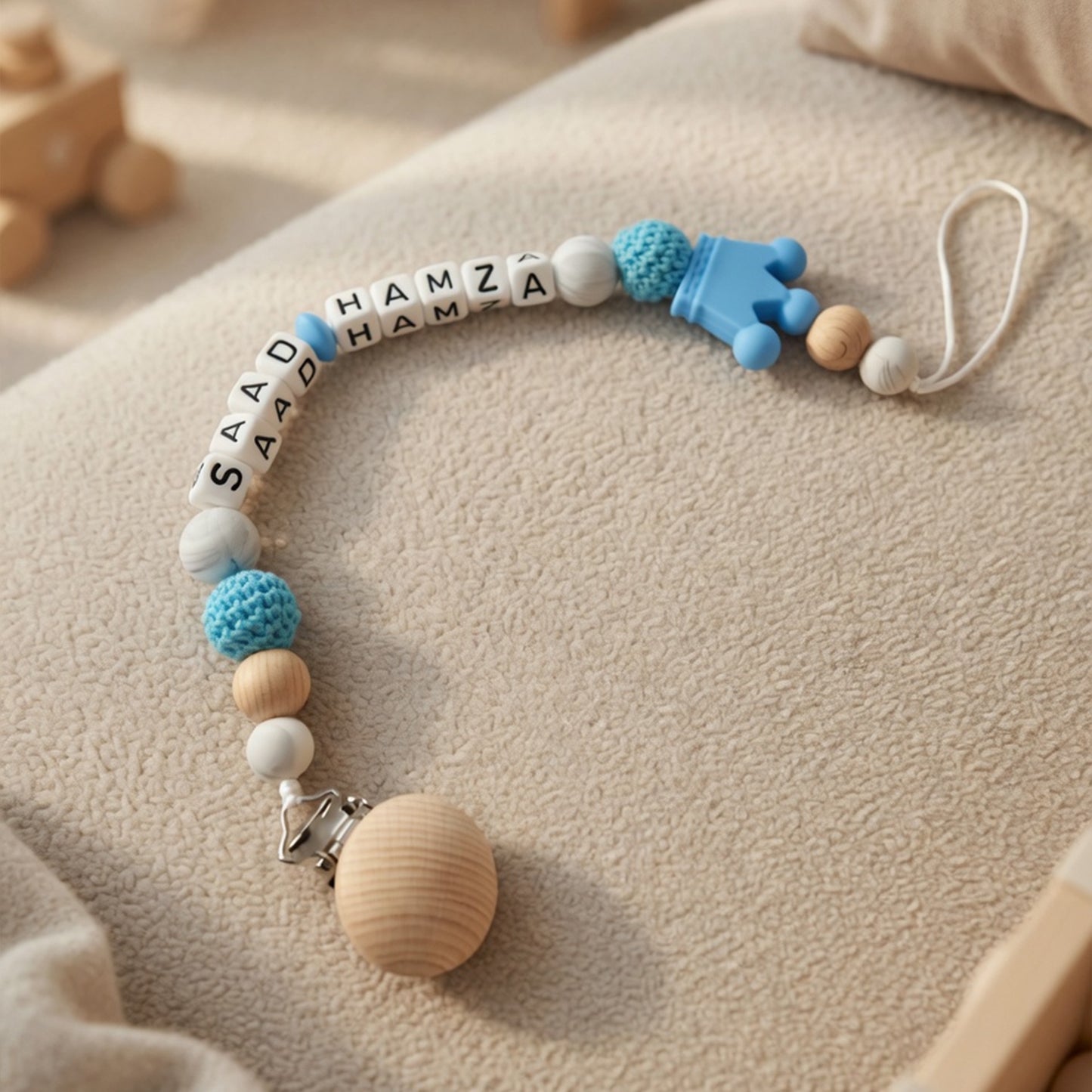 Personalized Name Pacifier Clip - Handmade Beech Wood & Silicone Chain - Crown Holder & Teething Toy Gift