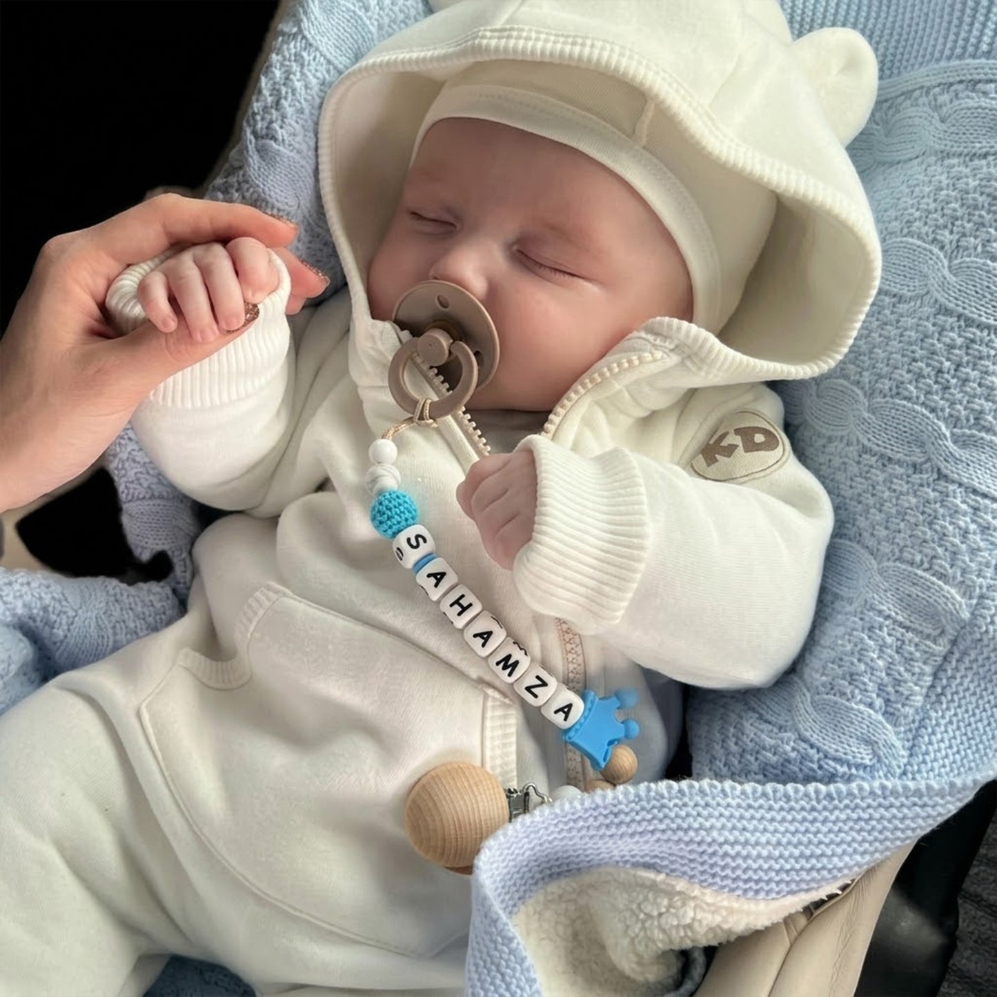Personalized Name Pacifier Clip - Handmade Beech Wood & Silicone Chain - Crown Holder & Teething Toy Gift