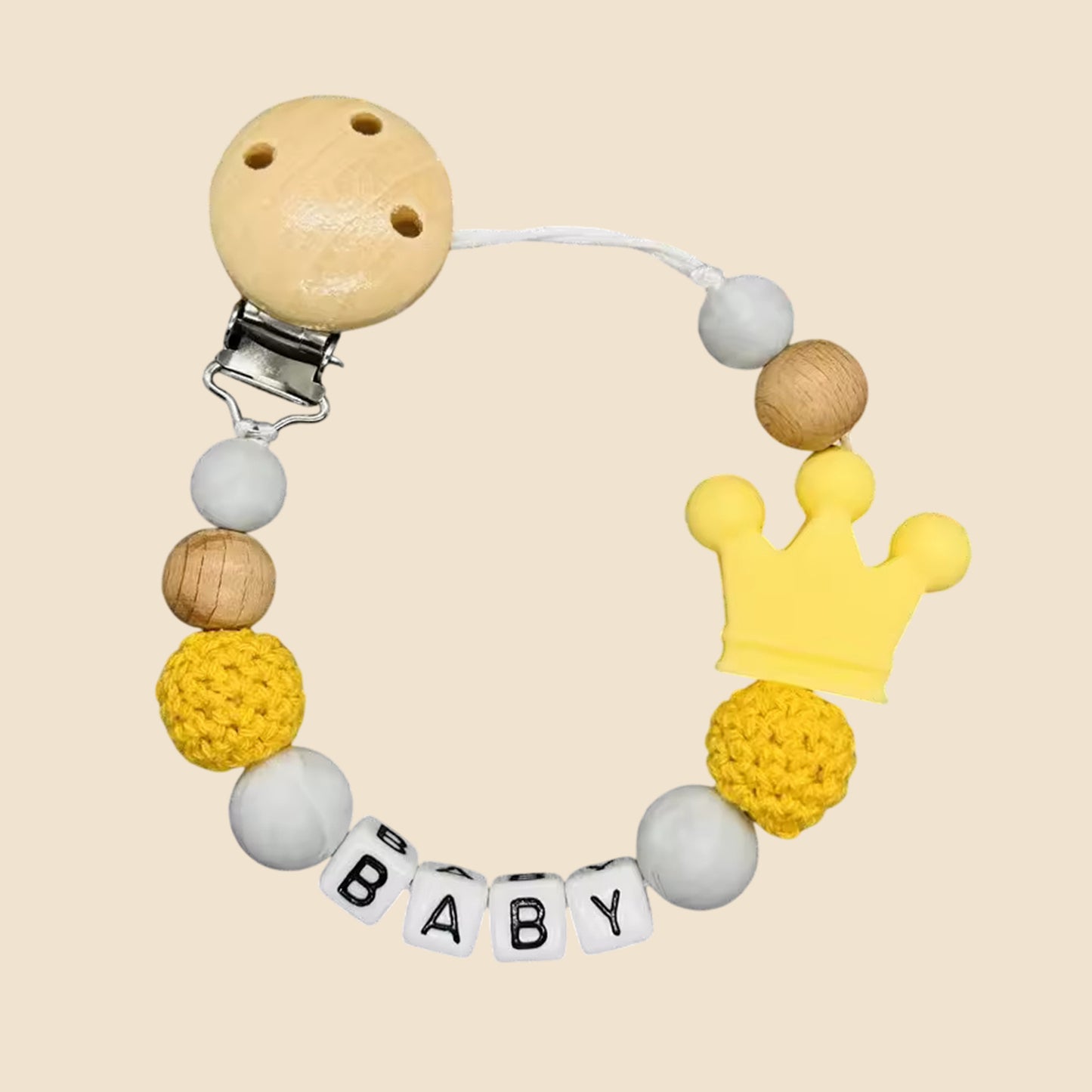 Personalized Name Pacifier Clip - Handmade Beech Wood & Silicone Chain - Crown Holder & Teething Toy Gift