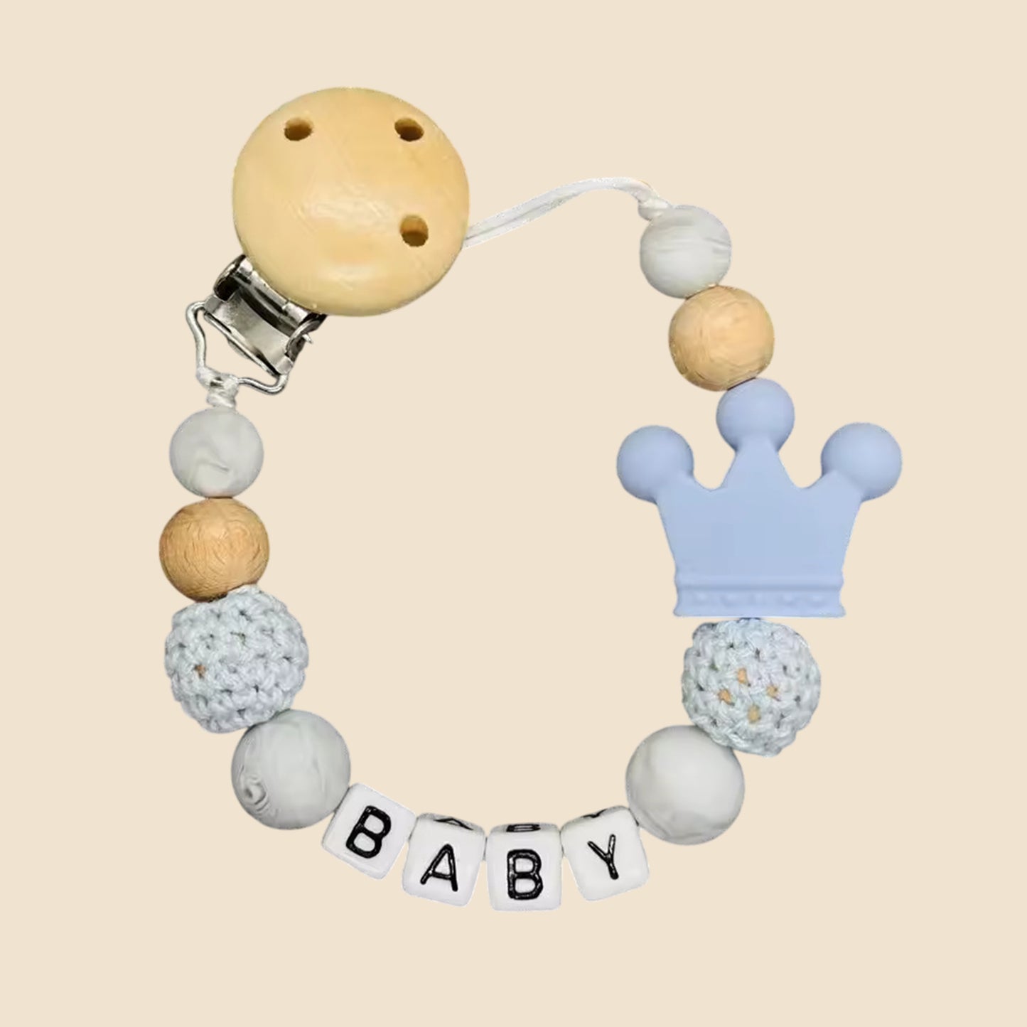 Personalized Name Pacifier Clip - Handmade Beech Wood & Silicone Chain - Crown Holder & Teething Toy Gift