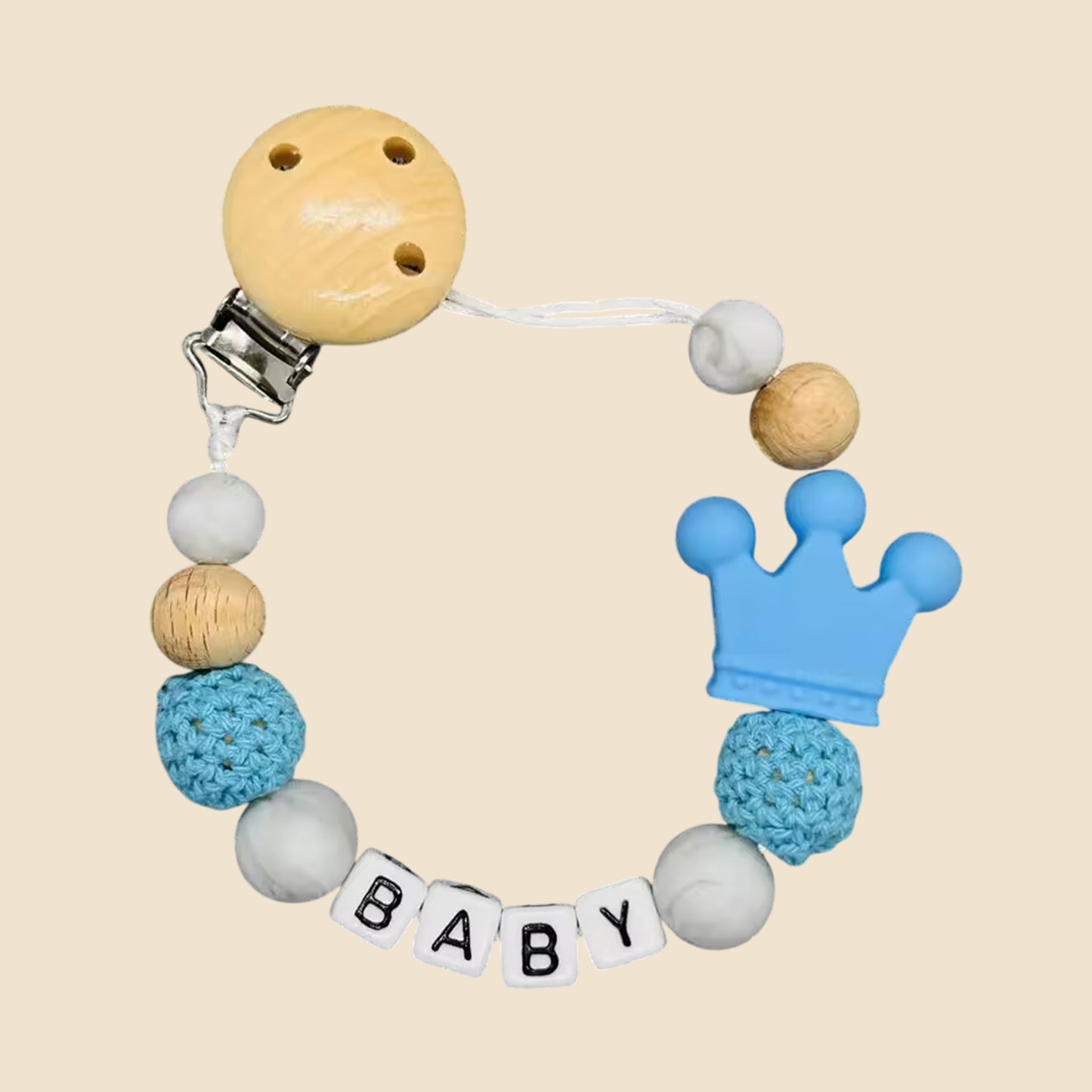 Personalized Name Pacifier Clip - Handmade Beech Wood & Silicone Chain - Crown Holder & Teething Toy Gift