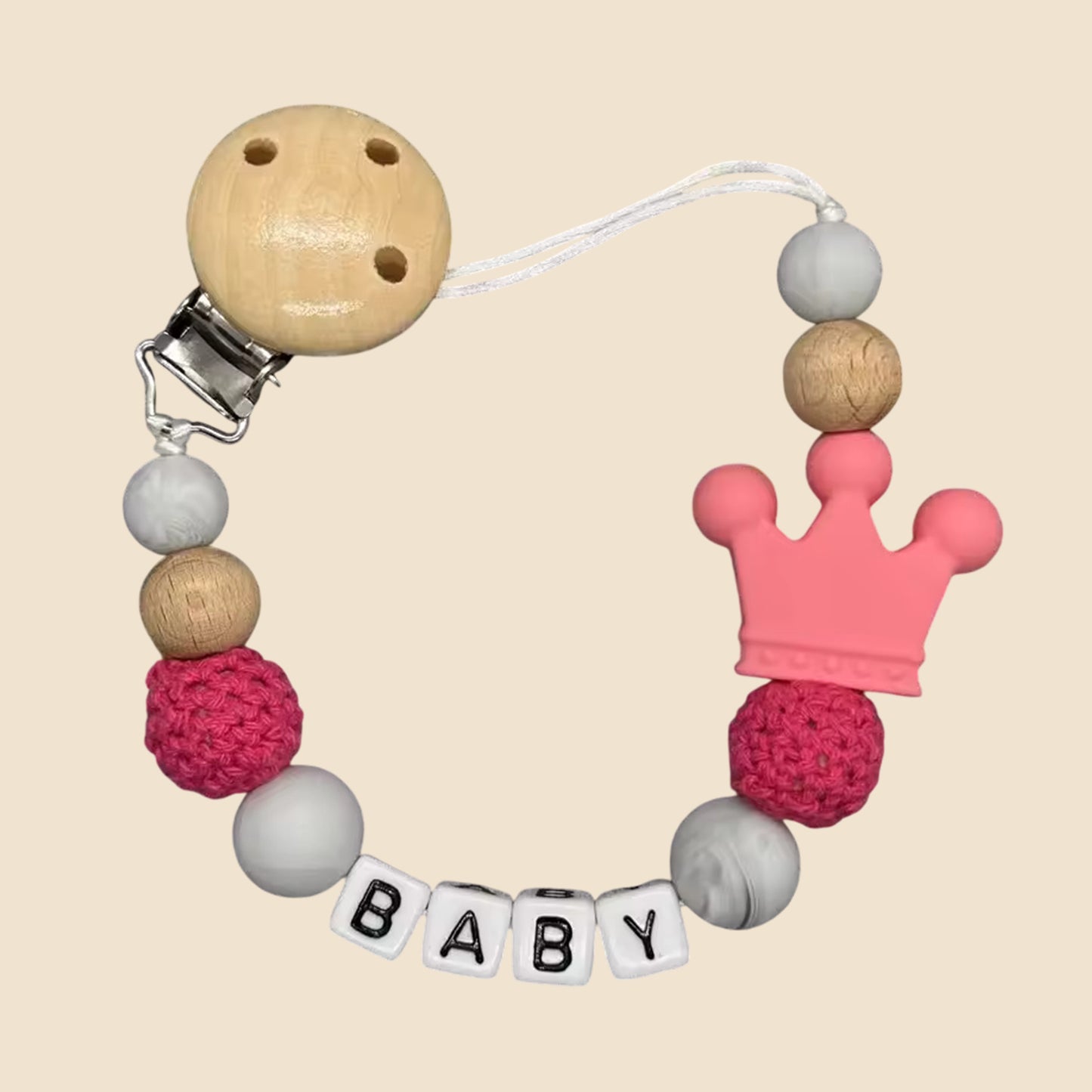 Personalized Name Pacifier Clip - Handmade Beech Wood & Silicone Chain - Crown Holder & Teething Toy Gift