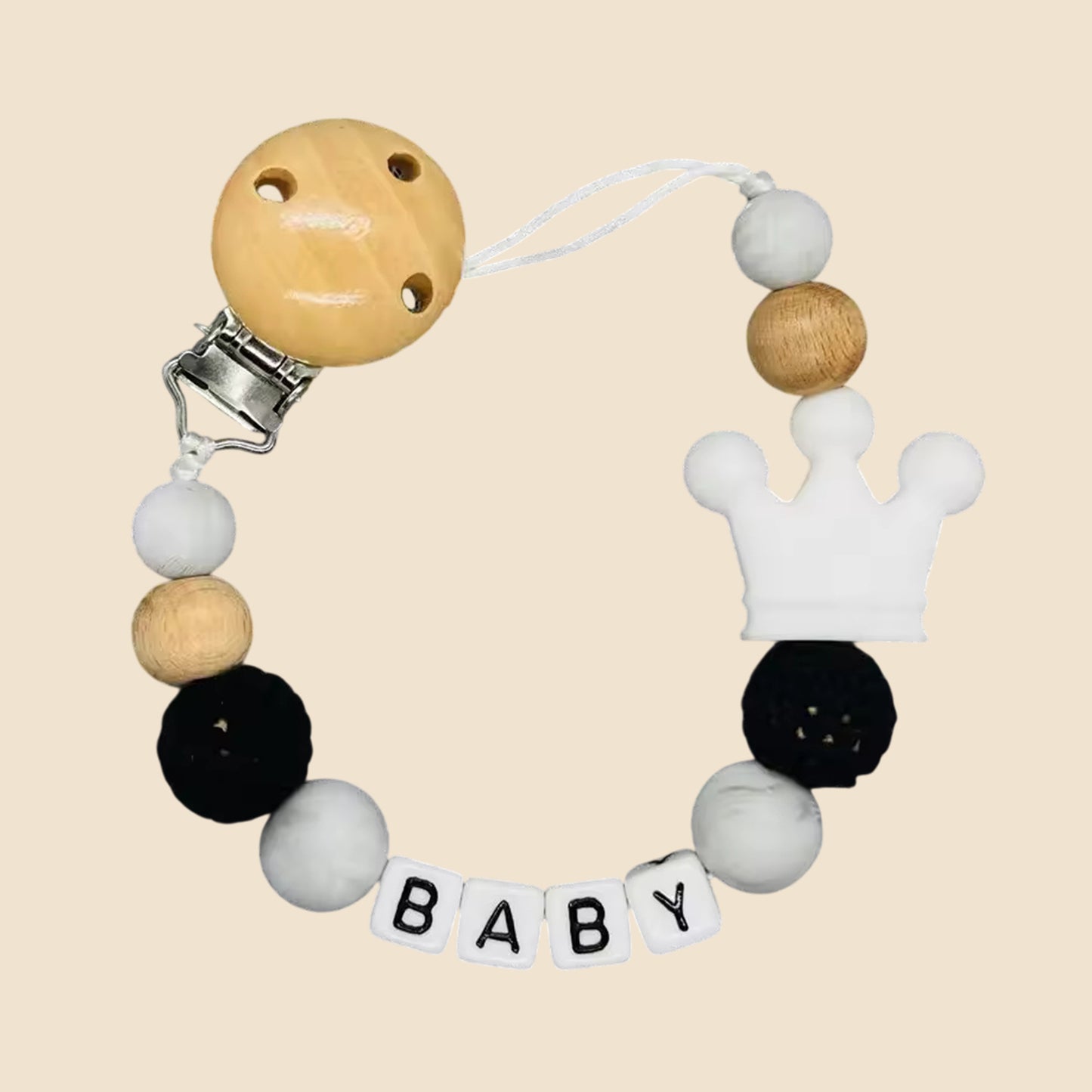 Personalized Name Pacifier Clip - Handmade Beech Wood & Silicone Chain - Crown Holder & Teething Toy Gift