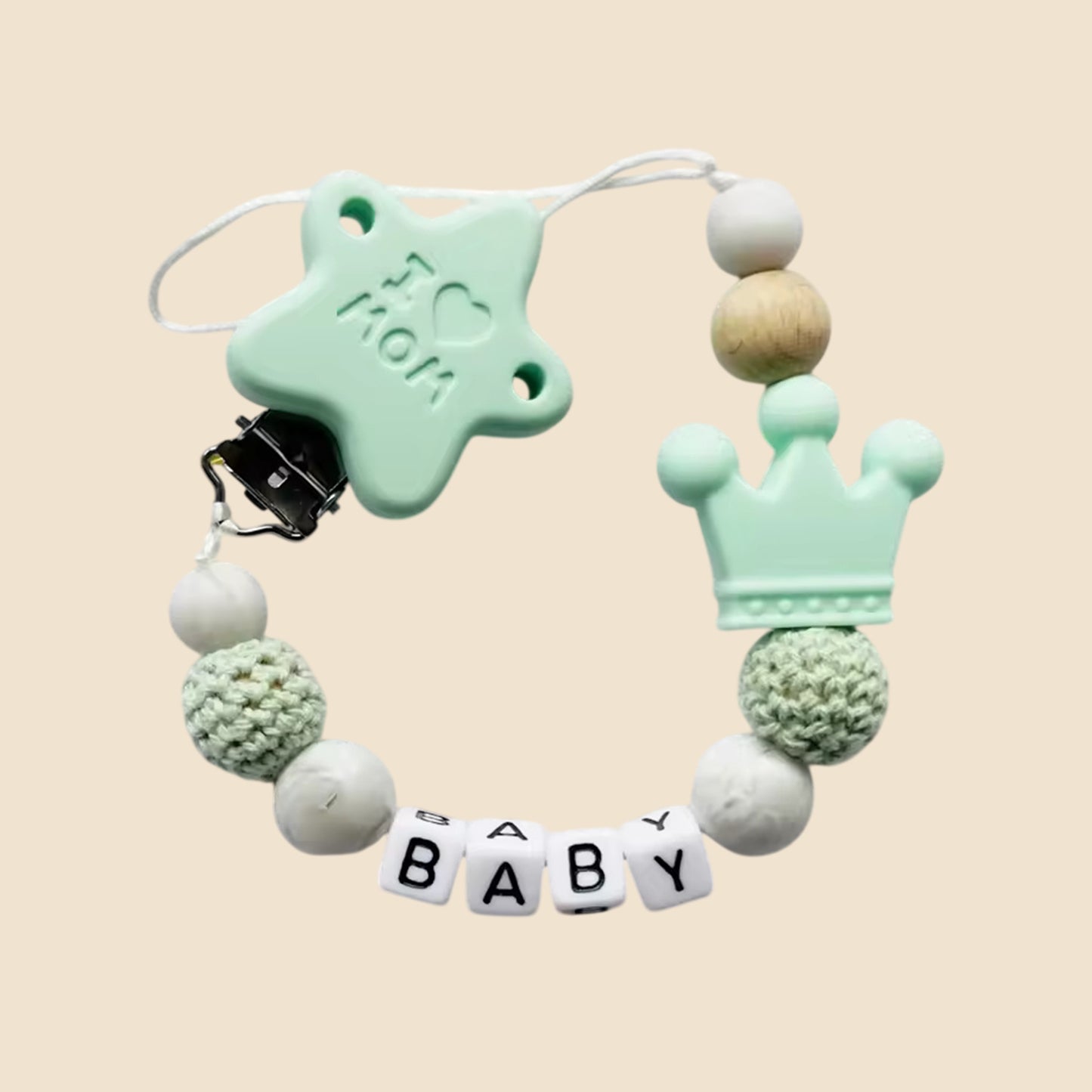 Personalized Name Pacifier Clip - Handmade Beech Wood & Silicone Chain - Crown Holder & Teething Toy Gift