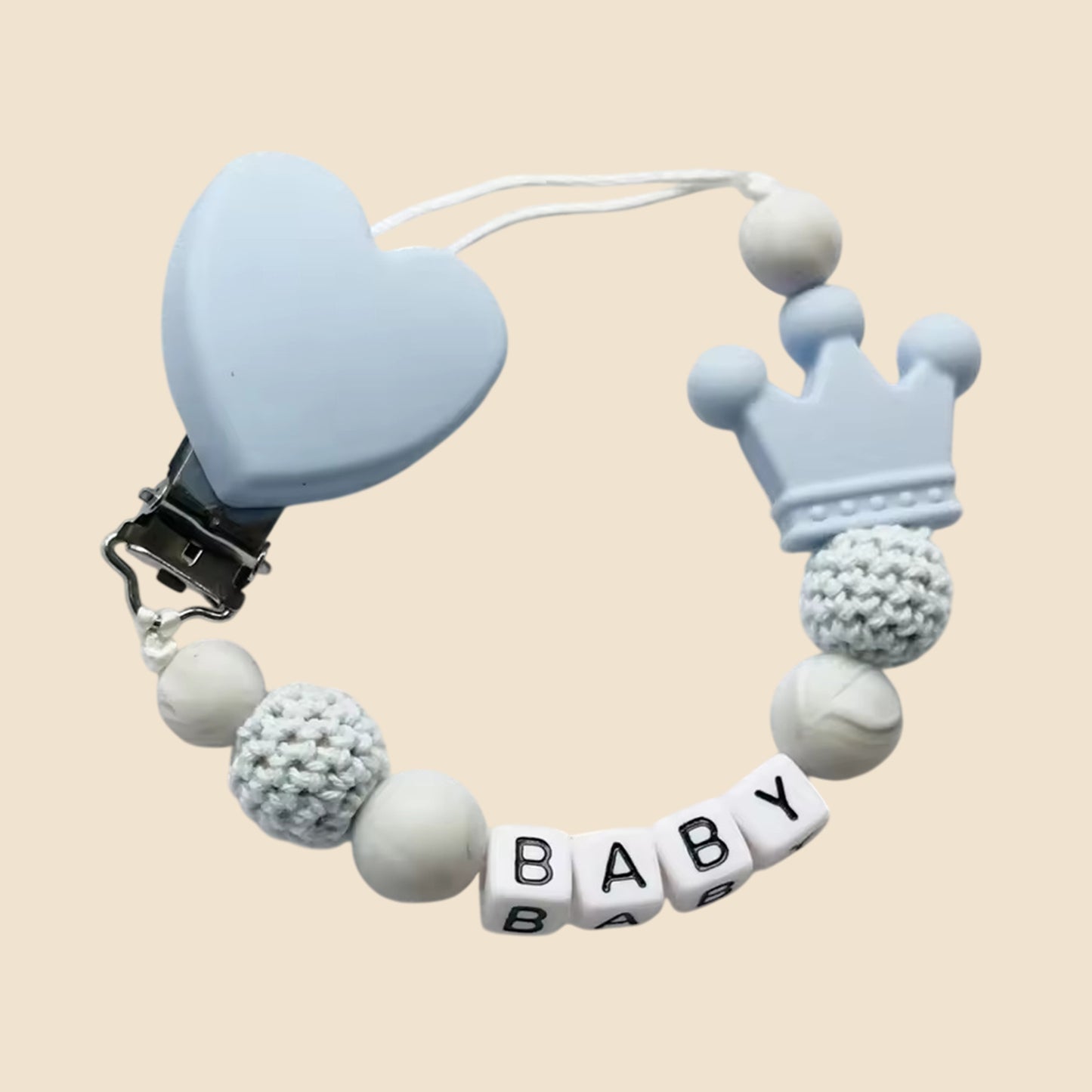 Personalized Name Pacifier Clip - Handmade Beech Wood & Silicone Chain - Crown Holder & Teething Toy Gift