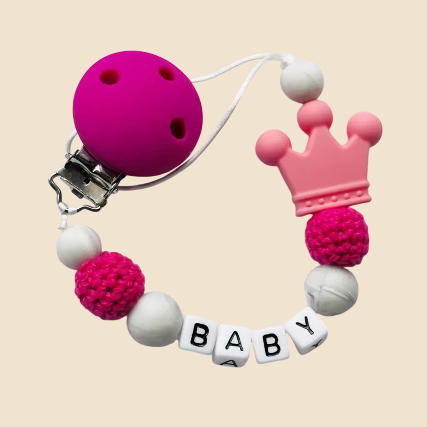 Personalized Name Pacifier Clip - Handmade Beech Wood & Silicone Chain - Crown Holder & Teething Toy Gift