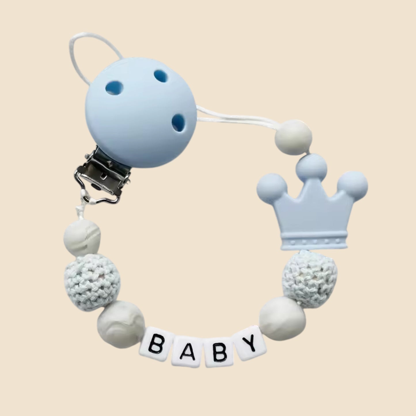 Personalized Name Pacifier Clip - Handmade Beech Wood & Silicone Chain - Crown Holder & Teething Toy Gift