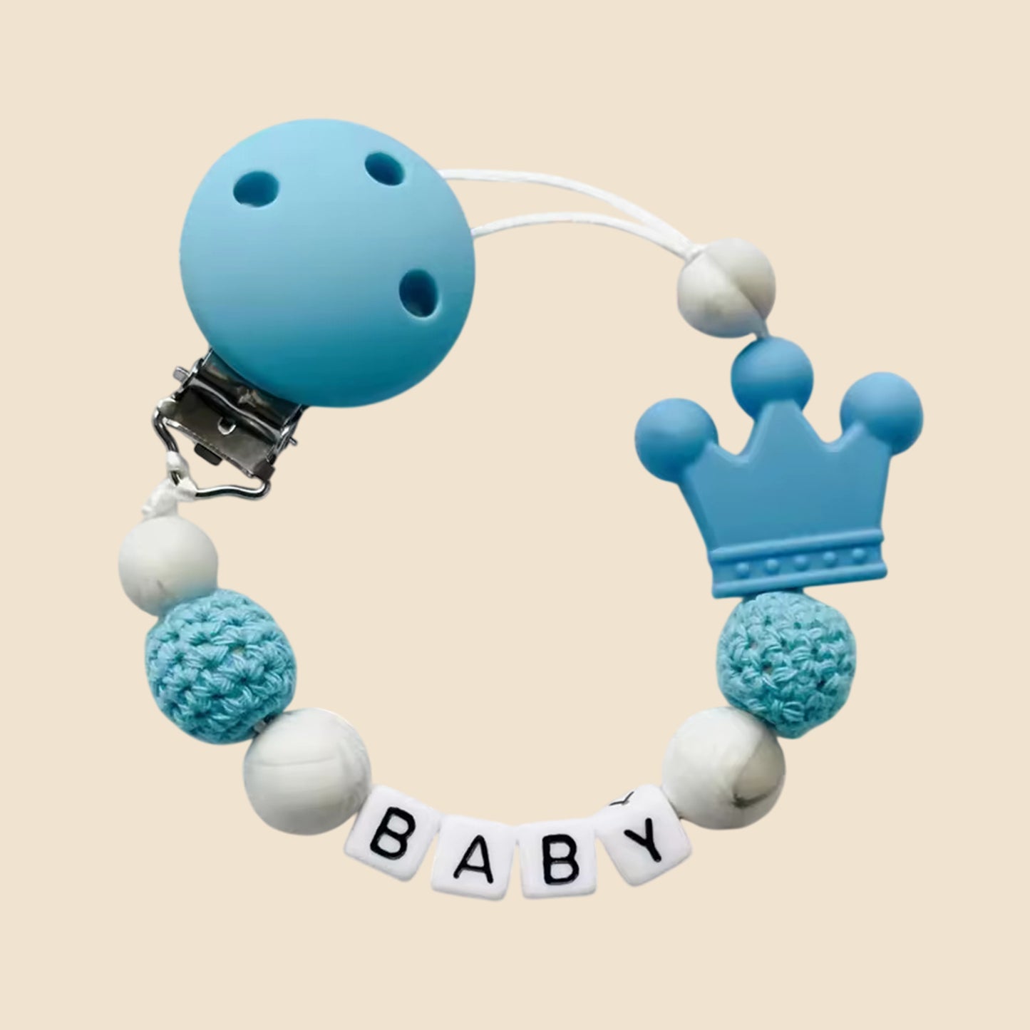 Personalized Name Pacifier Clip - Handmade Beech Wood & Silicone Chain - Crown Holder & Teething Toy Gift