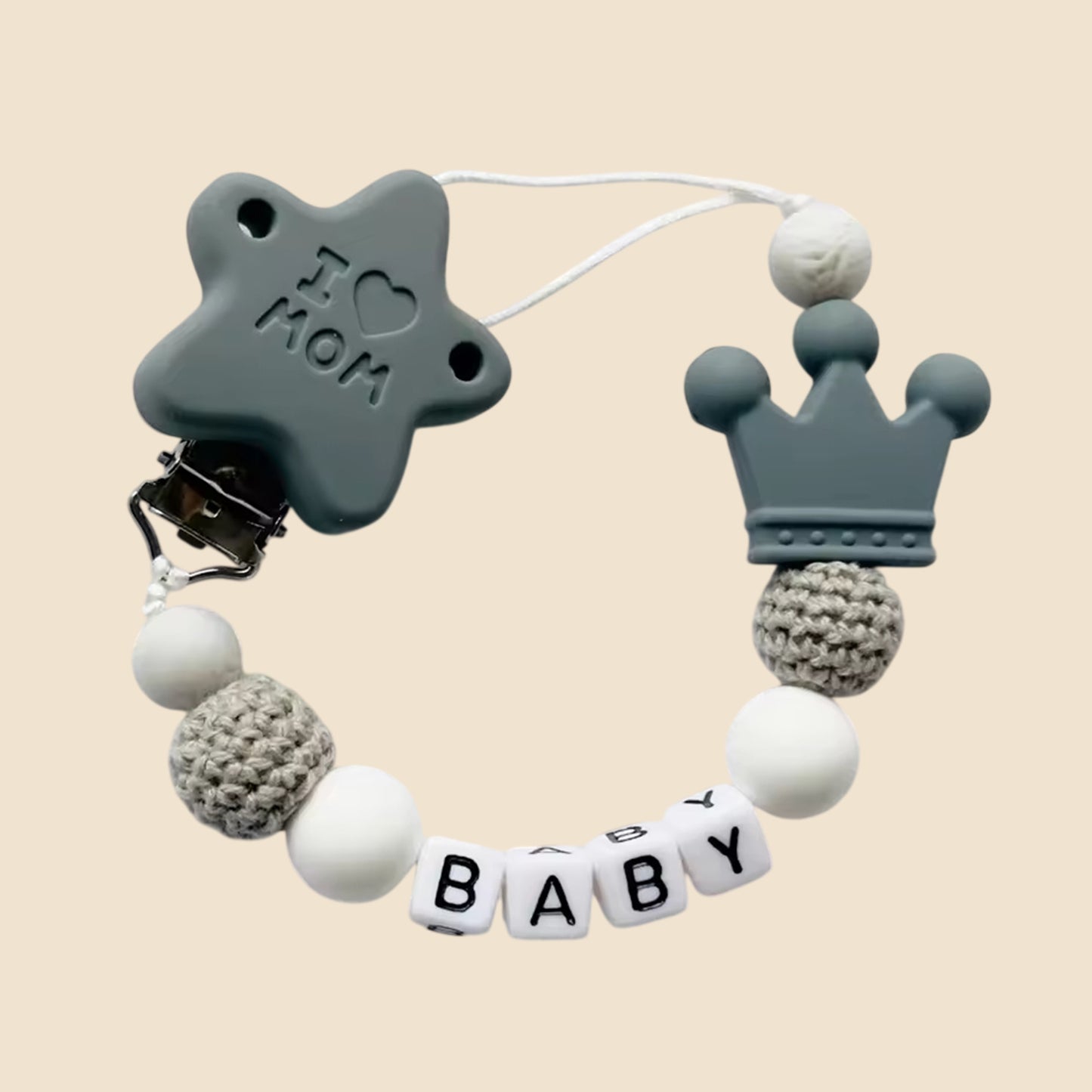 Personalized Name Pacifier Clip - Handmade Beech Wood & Silicone Chain - Crown Holder & Teething Toy Gift