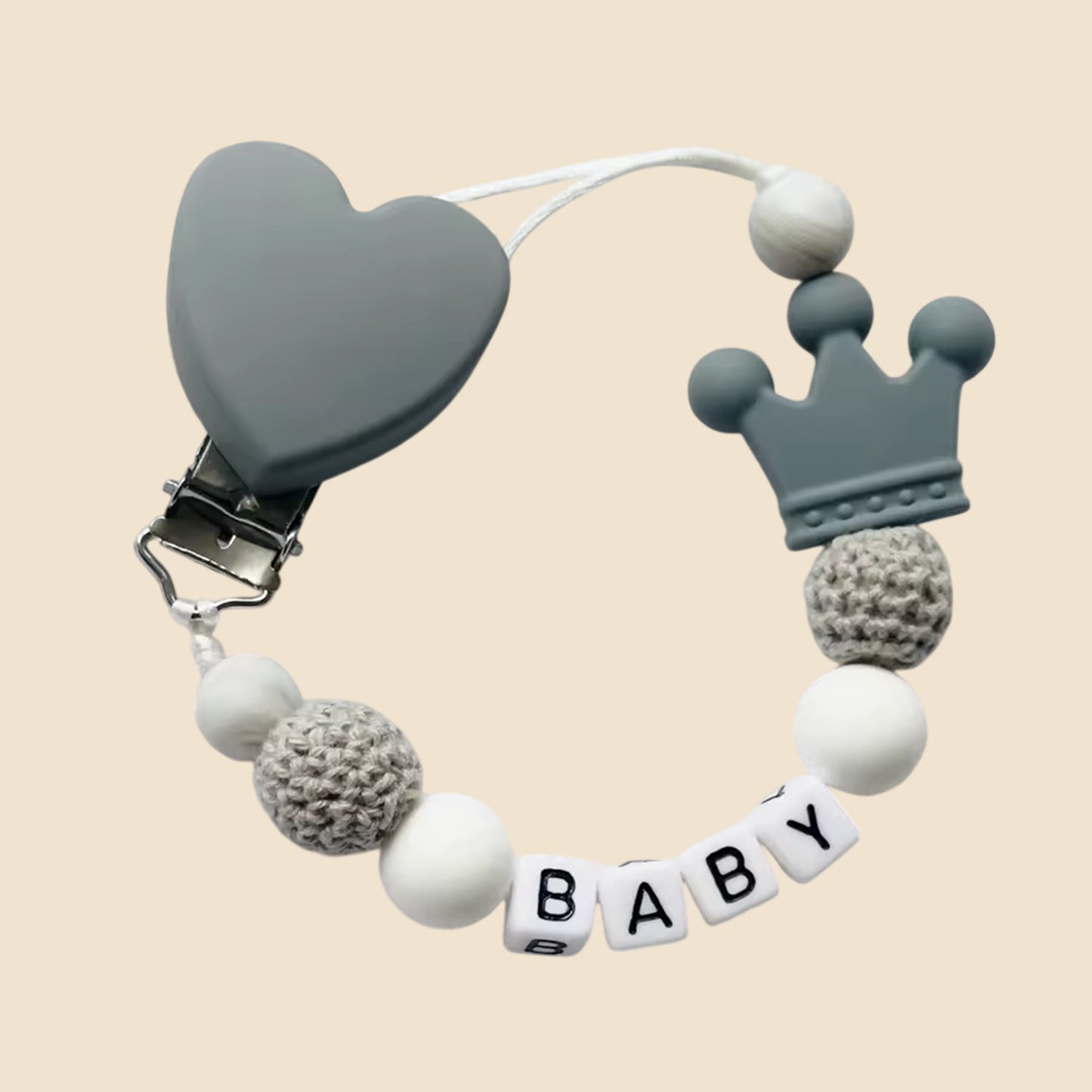 Personalized Name Pacifier Clip - Handmade Beech Wood & Silicone Chain - Crown Holder & Teething Toy Gift