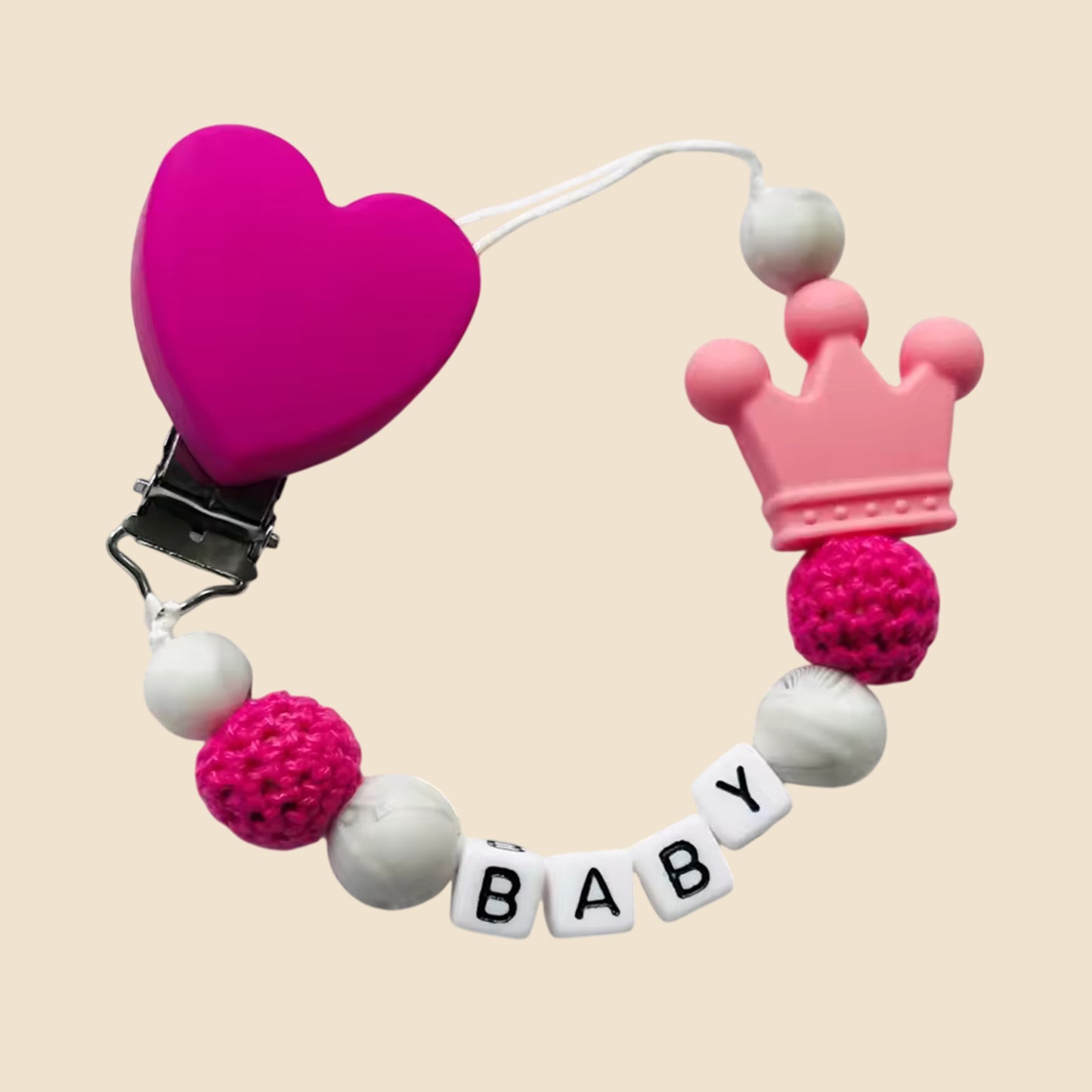 Personalized Name Pacifier Clip - Handmade Beech Wood & Silicone Chain - Crown Holder & Teething Toy Gift