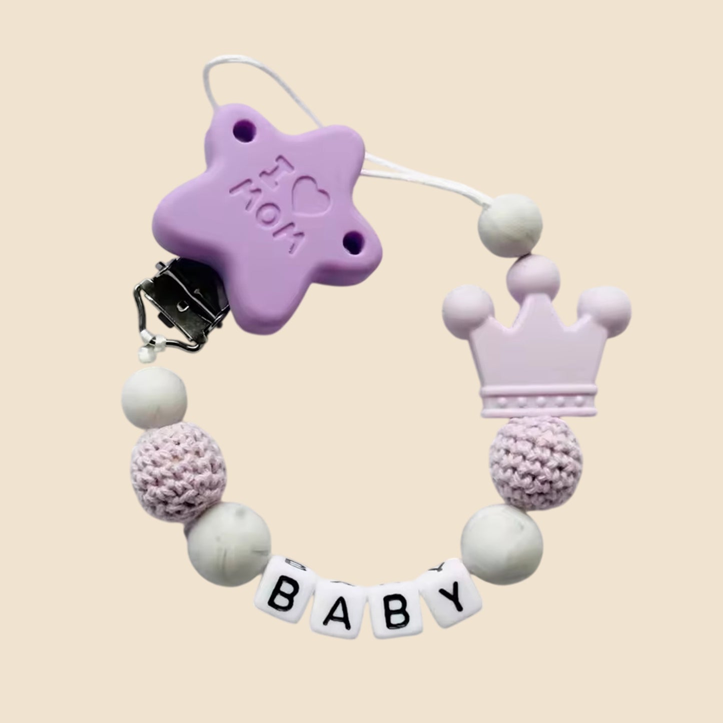 Personalized Name Pacifier Clip - Handmade Beech Wood & Silicone Chain - Crown Holder & Teething Toy Gift
