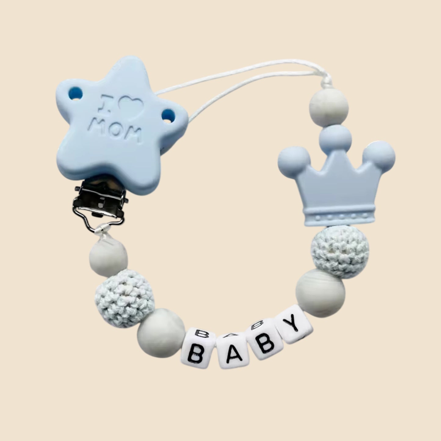 Personalized Name Pacifier Clip - Handmade Beech Wood & Silicone Chain - Crown Holder & Teething Toy Gift