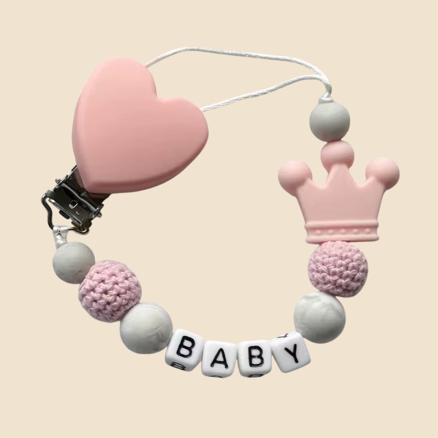 Personalized Name Pacifier Clip - Handmade Beech Wood & Silicone Chain - Crown Holder & Teething Toy Gift