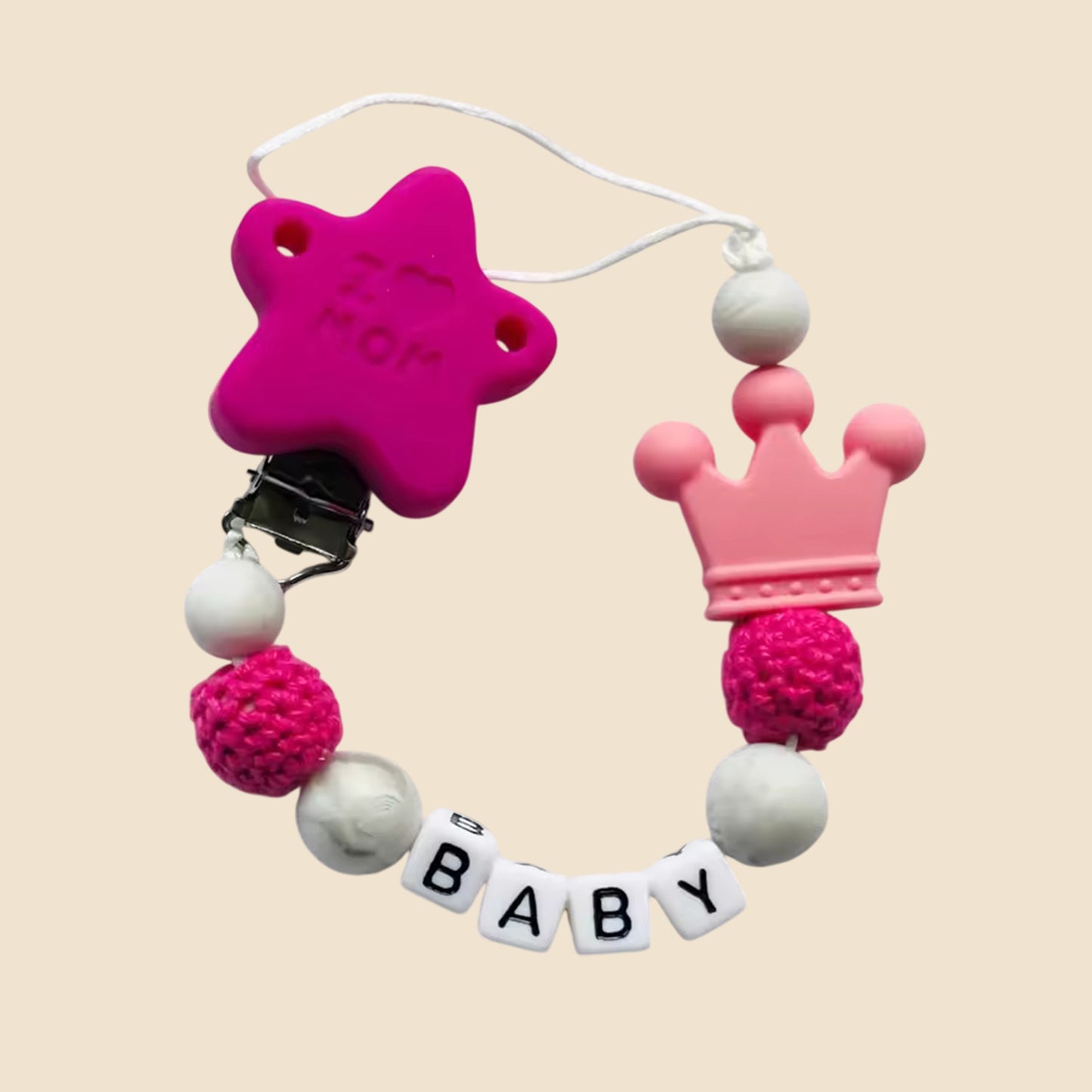 Personalized Name Pacifier Clip - Handmade Beech Wood & Silicone Chain - Crown Holder & Teething Toy Gift